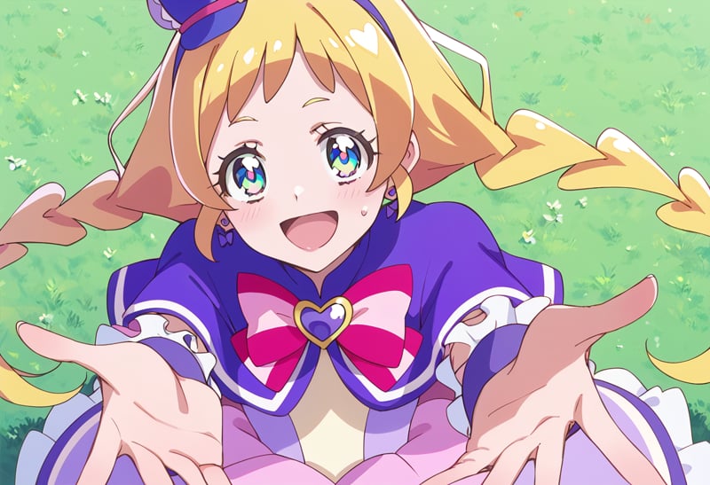 score_9, score_8_up, score_7_up, source_anime, BREAKcure friendy, 1girl, solo, blonde hair, open mouth, long hair, earrings, smile, blue eyes, looking at viewer, :d, twintails, twin braids, sweatdrop, outstretched arms, purple hairband, wrist cuffs, capelet, eyelashes, purple capelet, bangs, green eyes, foreshortening, pink bow, outstretched hand, multicolored eyes, twin drills, reaching out, aqua eyes, sweat, bowtie, blue hairband, blue sailor collar, heart earrings, shiny hair, frills, happy, looking up, blush, purple headwear, mini witch hat, deerstalker, purple hairband, tilted headwear, hat ornament, floating hair, tongue, frilled sleeves, anime coloring, heart brooch, purple dress, dot nose, striped bow, open hands, dress bow, multicolored bow, pink capelet, multicolored hair, reaching towards viewer, standing, bow earrings, portrait, grass, <lora:cure_friendy_inukai_iroha_sdxl_locon_pony_v1:0.7>