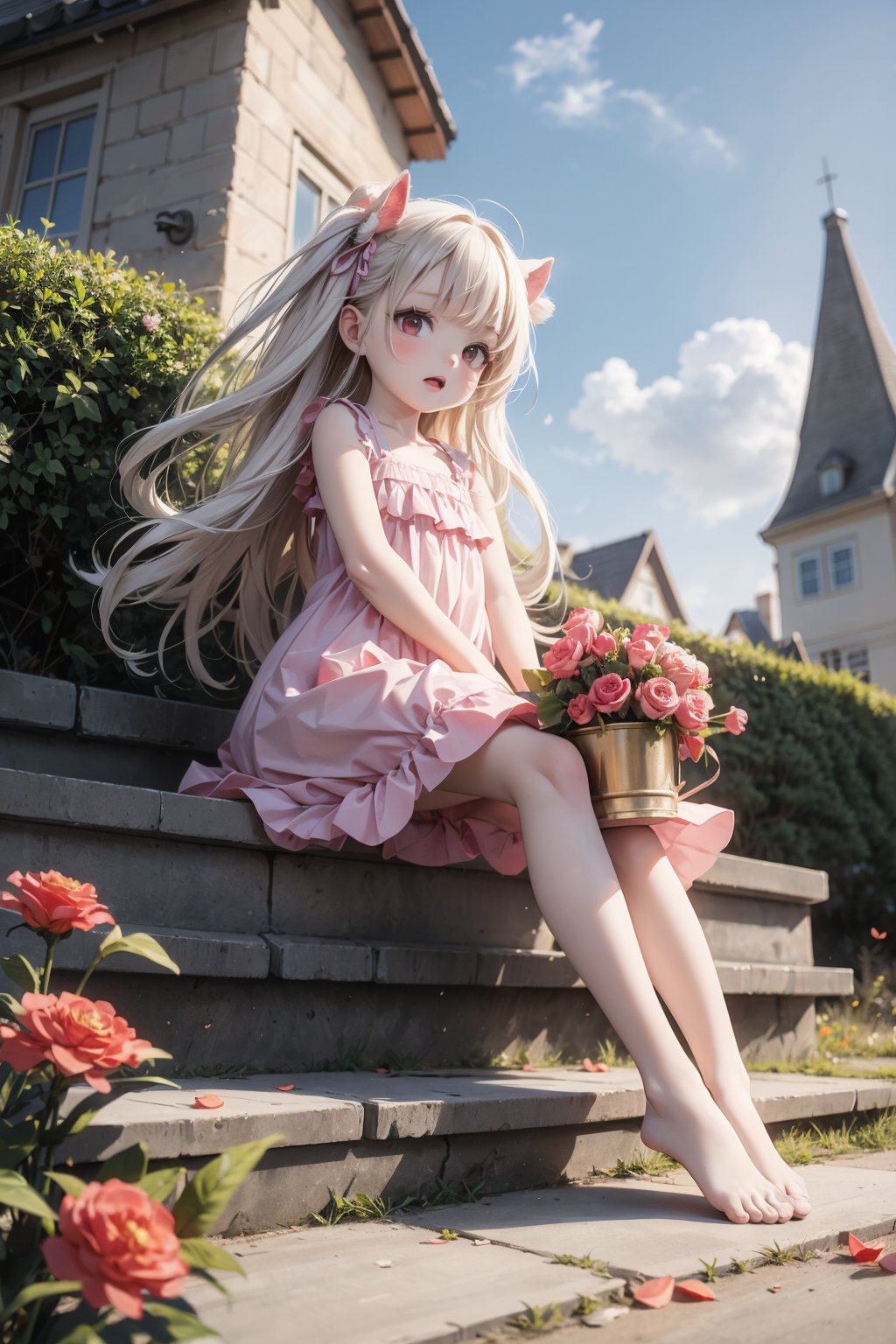 (loli:1.5),(5yo:1.5),(very_long_hair,:1.3),(masterpiece),(best quality),loli,1girl,apple,blonde_hair,blood,book,bouquet,building,camellia,castle,cloud,cross,defloration,dress,falling_petals,flower,hibiscus,holding_flower,leaf,long_hair,orange_flower,outdoors,petals,pink_rose,plant,red_flower,red_rose,rose,rose_petals,sitting,sky,spider_lily,stairs,strawberry,thorns,tombstone,tower,tulip,vase,vines,watering_can,wind,