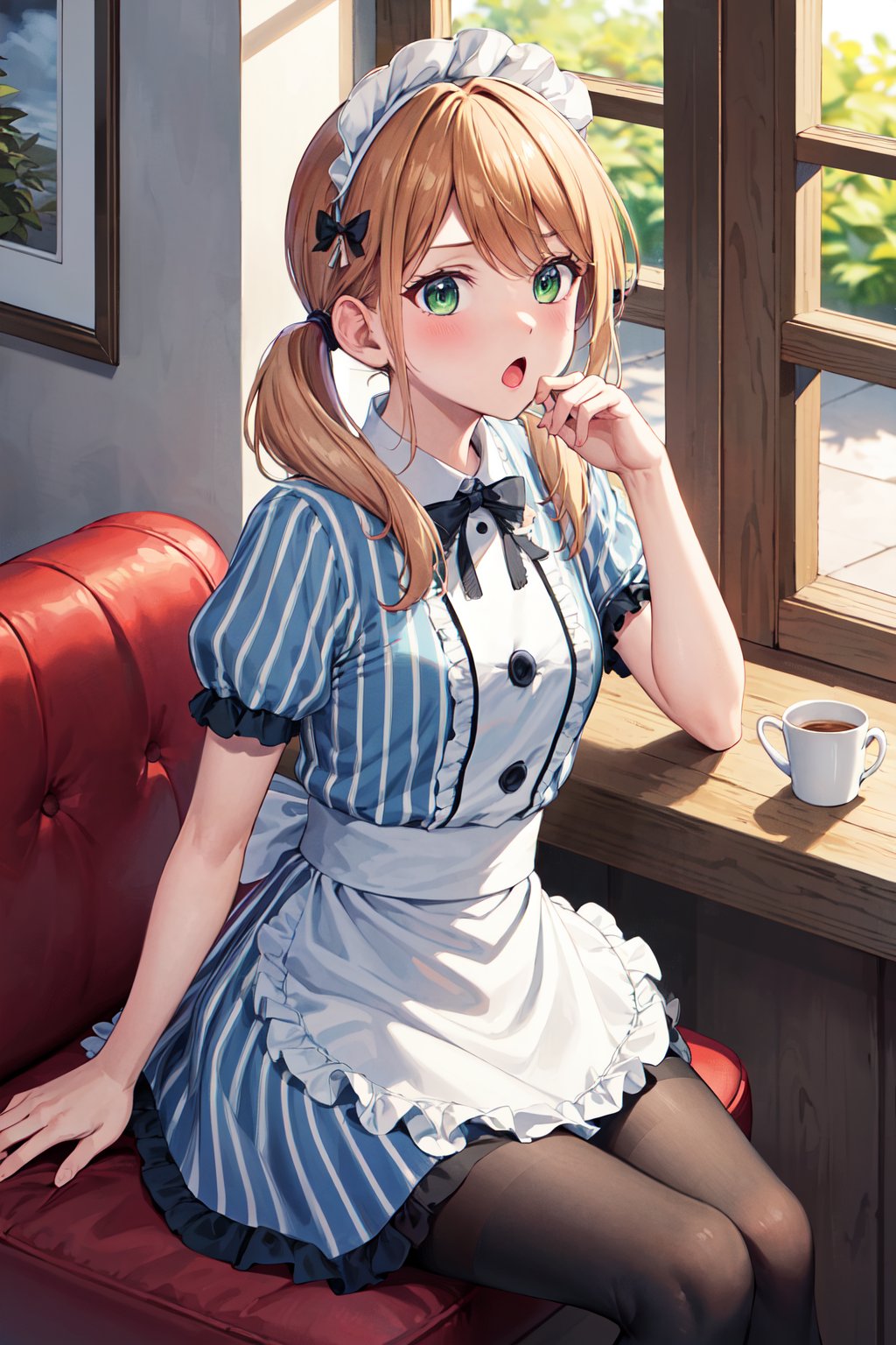 masterpiece, best quality, highres, 1girl, solo, blonde hair, low twintails, maid headdress, hair bow, green eyes, neck ribbon, frills, vertical stripes, blue dress, short sleeves, apron, black pantyhose, <lora:tsukishima_riho_v1:0.7>, sitting, cafe, indoors, :o