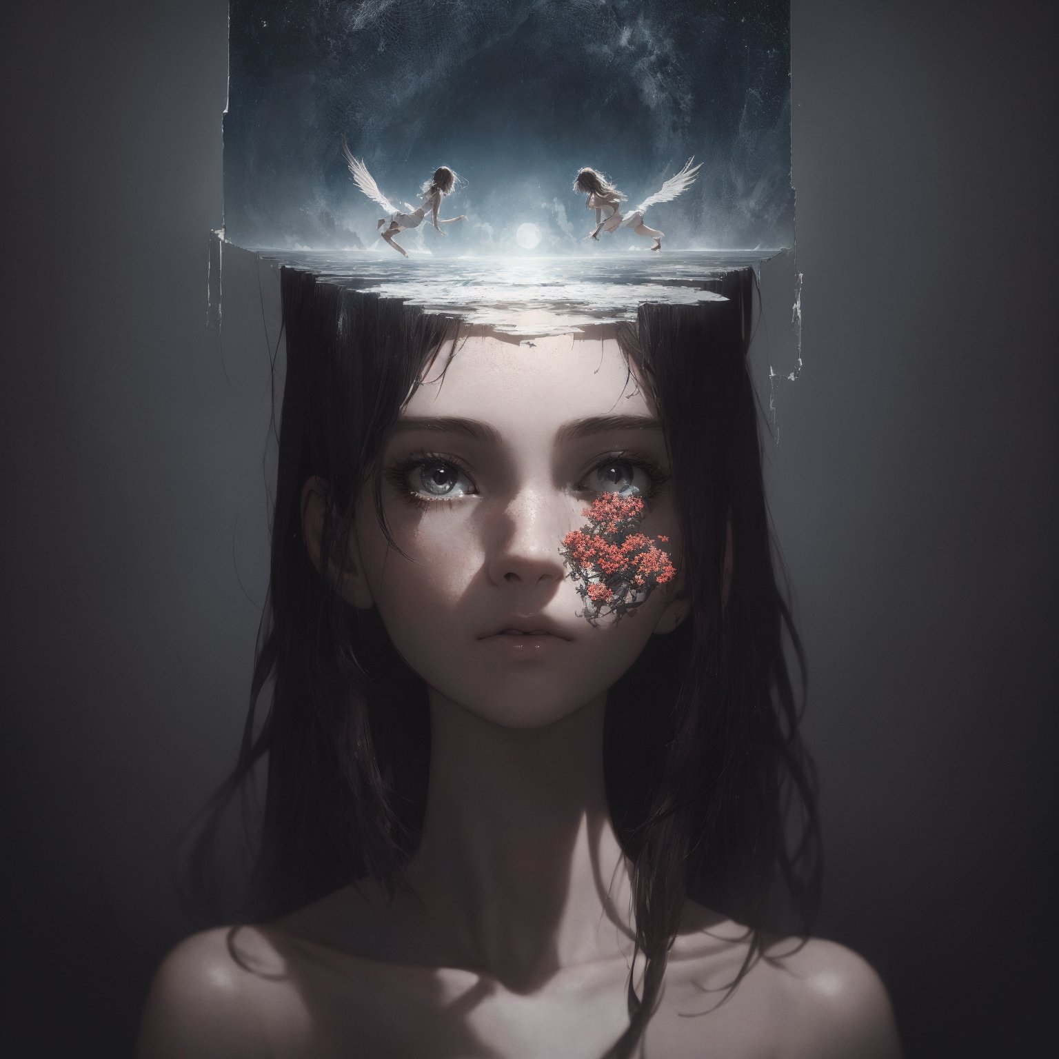 (photorealistic:1.2), young beautiful womanBREAK, double exposure, layered images, merged visuals, evocative storytelling, dreamlike atmosphere, creative blending, thought-provoking composition