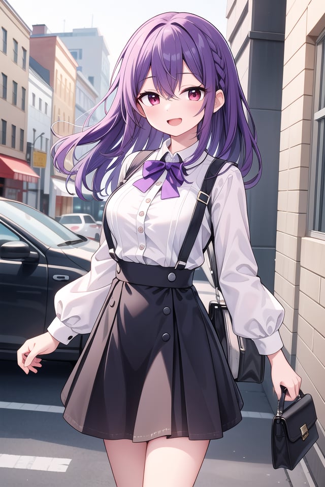 insanely detailed, absurdres, ultra-highres, ultra-detailed, best quality,1girl, solo, nice hands, perfect handsBREAKbraid, shirt, holding, mary janes, socks, black skirt, long hair, white shirt, suspender skirt, white socks, long sleeves, ribbon, suspenders, standing, ruffles, black ribbon, bow , black bow tie, long skirt, black bow, neck ribbon, bowtie, bagBREAK(nsfw:-1.5)BREAKhappy smile, laugh, open mouthBREAKstanding, cowboy shot, looking at viewerBREAKslender, kawaii, perfect symmetrical face, ultra cute girl, ultra cute face, ultra detailed eyes, ultra detailed hair, ultra cute, ultra beautifulBREAKin school ground, depth of field, ultra detailed backgroundBREAKlarge breastsBREAK(purple hair:1.3), red eyes, milkmaid braids, hair between eyes