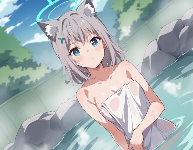 score_9, score_8_up, score_7_up, source_anime, <lora:shiro-sunaookami-s1-ponyxl-lora-nochekaiser:1>, shiroko sunaookami, animal ears, blue eyes, grey hair, hair ornament, hairpin, halo, medium hair, wolf ears,, nude, naked, outdoors, onsen, towel, naked towel, steam, bathing, nude cover, partially submerged, water, bath, steam censor, wet towel, blush, looking at viewer, solo, cowboy shot, dutch angle