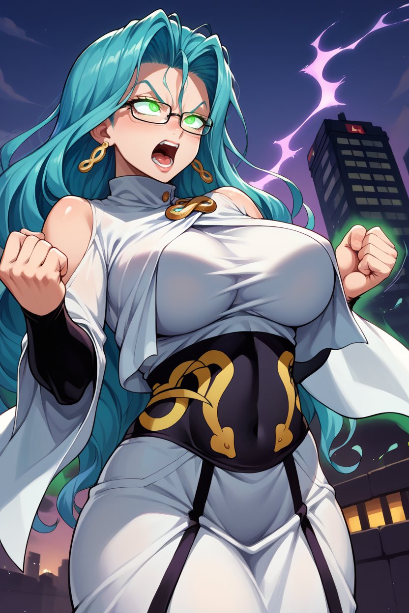 score_9, score_8_up, score_7_up, score_6_up, source_anime, BREAK 1girl, mature female,  <lora:psykos-pdxl-nvwls-v1-000005:1> psykos, cyan hair, wavy hair, very long hair, glasses, earrings, white dress, brooch, underbust, long dress, bridal gauntlets, large breasts, glowing eyes, screaming, night sky, purple sky, city, aura, green aura, clenched hands