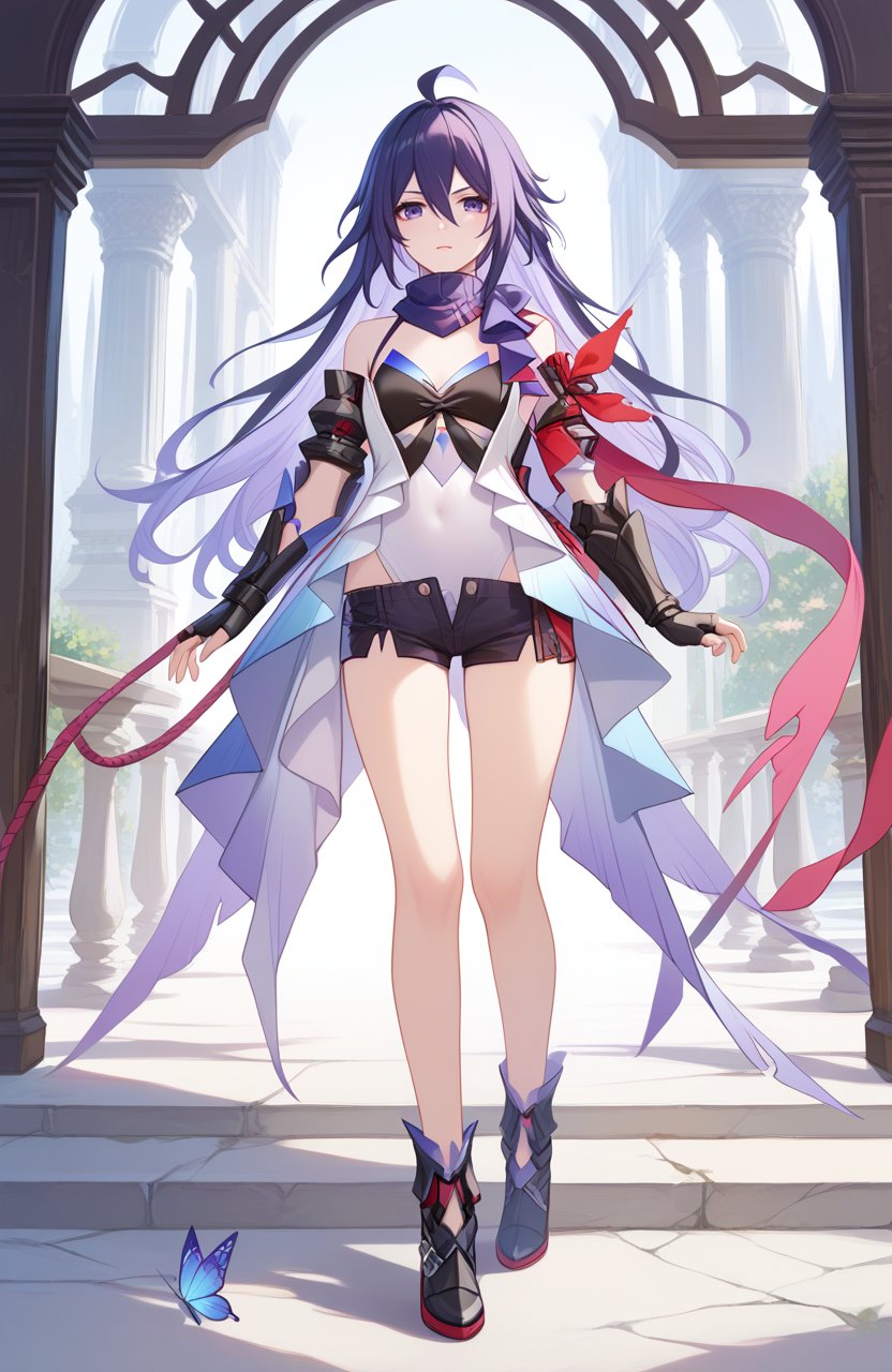 <lora:星铁希儿2pony:1>,seele (honkai: star rail),a girl named seele (honkai: star rail),1girl,solo,looking at viewer,bare shoulders,purple scarf,black shorts,covered navel,short shorts,black gloves,detached sleeves,fingerless gloves,black footwear,scarf,butterfly,, (score_9,score_8_up,score_7_up),(masterpiece,best quality,high quality:1.2),absurdres, prefect lighting, very aesthetic, anime BREAK