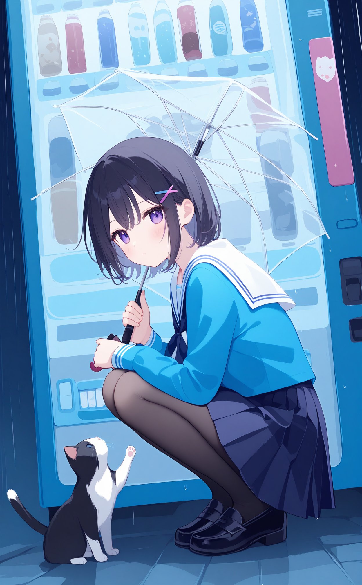 masterpiece,best quality,high quality,(colorful),Artist:CyanAutumn,artist Alens,Artist:matchanear,loli,1girl,transparent,school uniform,rain,umbrella,cat,hair ornament,pantyhose,squatting,skirt,transparent umbrella,serafuku,holding,short hair,solo,purple eyes,black footwear,white sailor collar,outdoors,loafers,shoes,hairclip,sailor collar,x hair ornament,long sleeves,neckerchief,black hair,pleated skirt,bangs,holding umbrella,blue shirt,animal,shirt,blue serafuku,closed mouth,hair between eyes,black pantyhose,vending machine,blue skirt,black skirt,