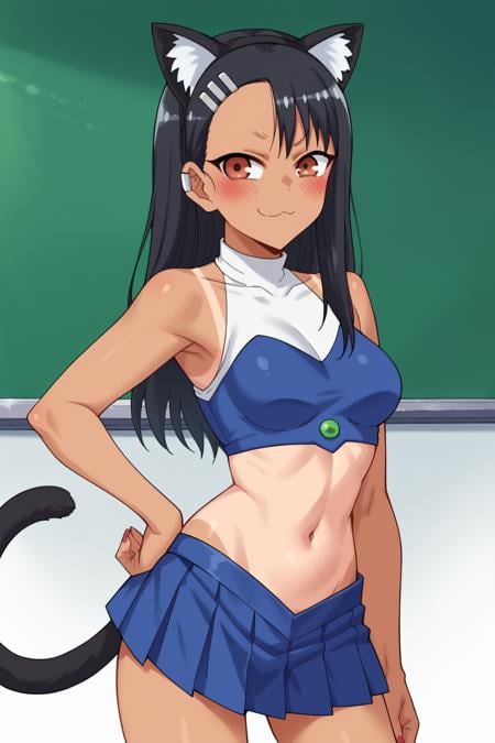 score_9, score_8_up, score_7_up, source_anime, <lora:nagatoro-multi-outfit_epoch_8:1> nagatoro hayase, outfit-cat-cosplay, extra-tanlines, cat tail, blush, solo, cat ears, tail, one-piece tan, closed mouth, dark skin, brown eyes, standing, skirt, pleated skirt, bangs, animal ears, dark-skinned female, tan, medium breasts, black hair, hairclip, animal ear fluff, fake animal ears, cat girl, miniskirt, navel, earclip, 1girl, asymmetrical bangs, small breasts, midriff, looking at viewer, breasts, tanlines, crop top, hand on hip, hair ornament, long hair, blue skirt, cowboy shot, smirk, 