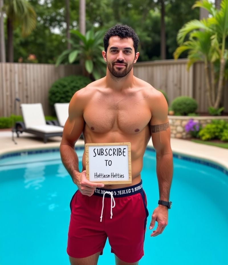 chris underwood ,  standing by the pool in speedos holding a board in hand with written text "Subscribe to HottiesnHotties...