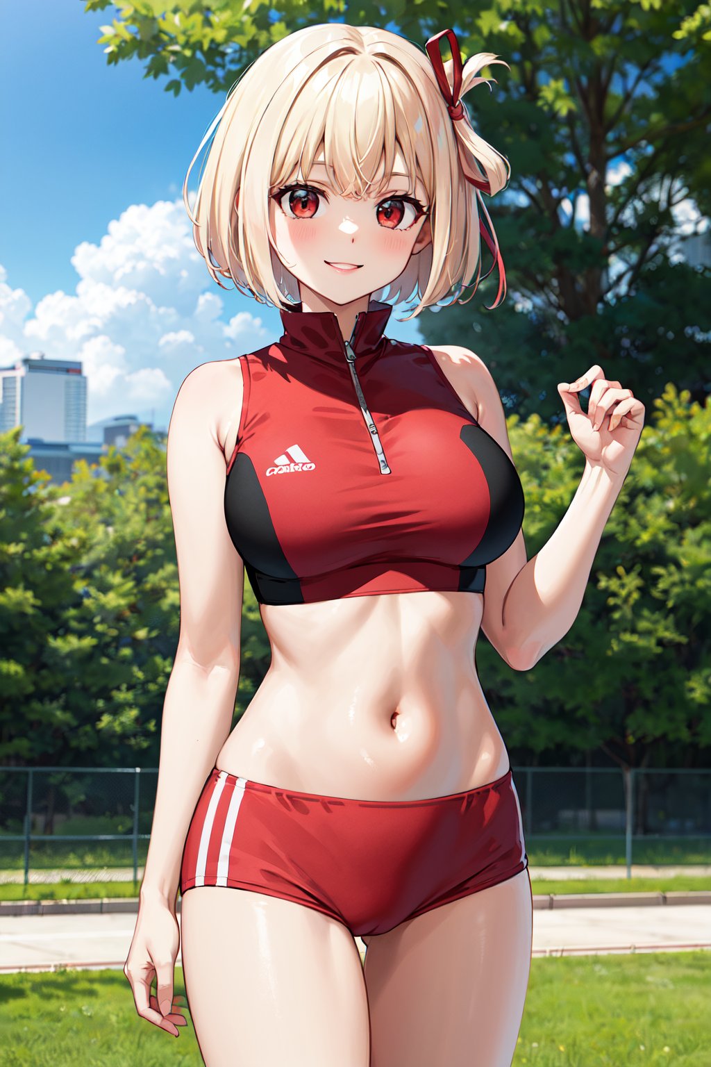 masterpiece, best quality, highres, aachisato, short hair, hair ribbon, breasts, bare shoulders, sportswear, sports bra, crop top, red shirt, zipper, midriff, red buruma, thighs, <lora:nishikigi_chisato_v1:0.7>, standing, smile, park, outdoors, cowboy shot, 