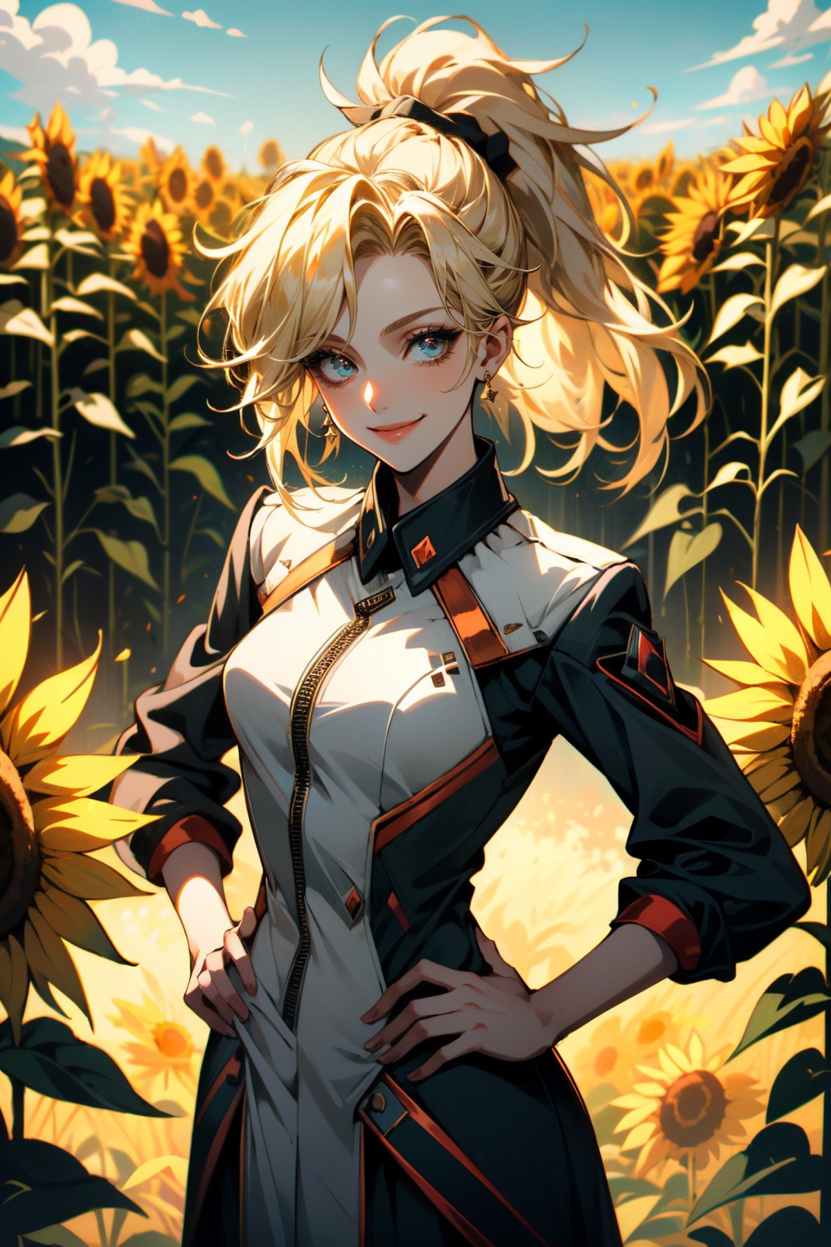 ((ultra detailed, masterpiece, absurdres))<lora:OMercy:0.8>OMercy, 1girl, blonde hair, ponytail, looking at viewer, surrounded by sunflowers in a bright field, smiling, with hands on hips