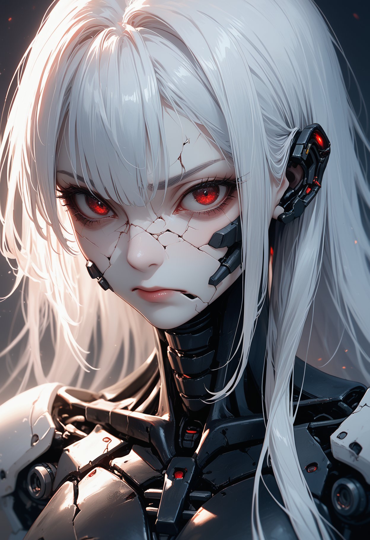 cyber girl with pale,cracked skin gazes sideways,her fragile form encased in a cyborg exoskeleton. Hydraulic mandibles frame her mechanical mouth. Intricate dieselpunk engines and hydraulics surround her in a harsh,gothic environment. Dark red eyes reflect deep sadness. Medium black and white hair tucked behind her ear., score_9,score_8_up,score_7_up,