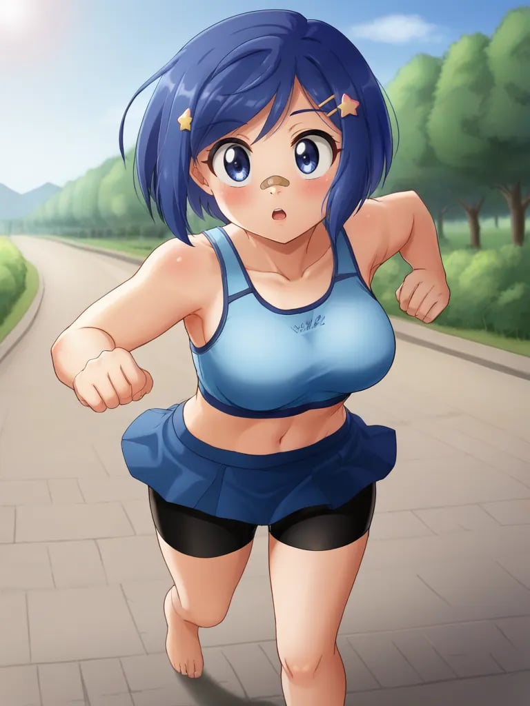 <lora:ohosinagisapony:0.8>1girl, solo, ohosinagisa, blue hair, short hair, hairclip, blue eyes, bandaid on nose, blue sports bra, blue skirt, bike shorts, outdoors, brick road, path, running, parted lips