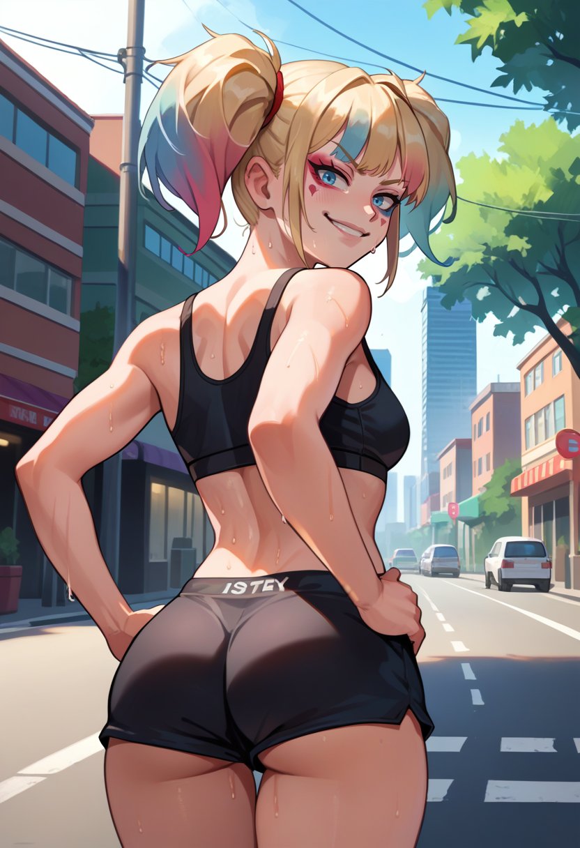 score_9, score_8_up, score_7_up, source_anime, from behind, solo, 1girl, isekaiharley, makeup, eyeshadow, sweat, smirk, looking back, hands on own hips, twintails, black sports bra, black shorts, ass, outdoors, city street <lora:suicidesquadisekai_quinn_ponyXL:1>