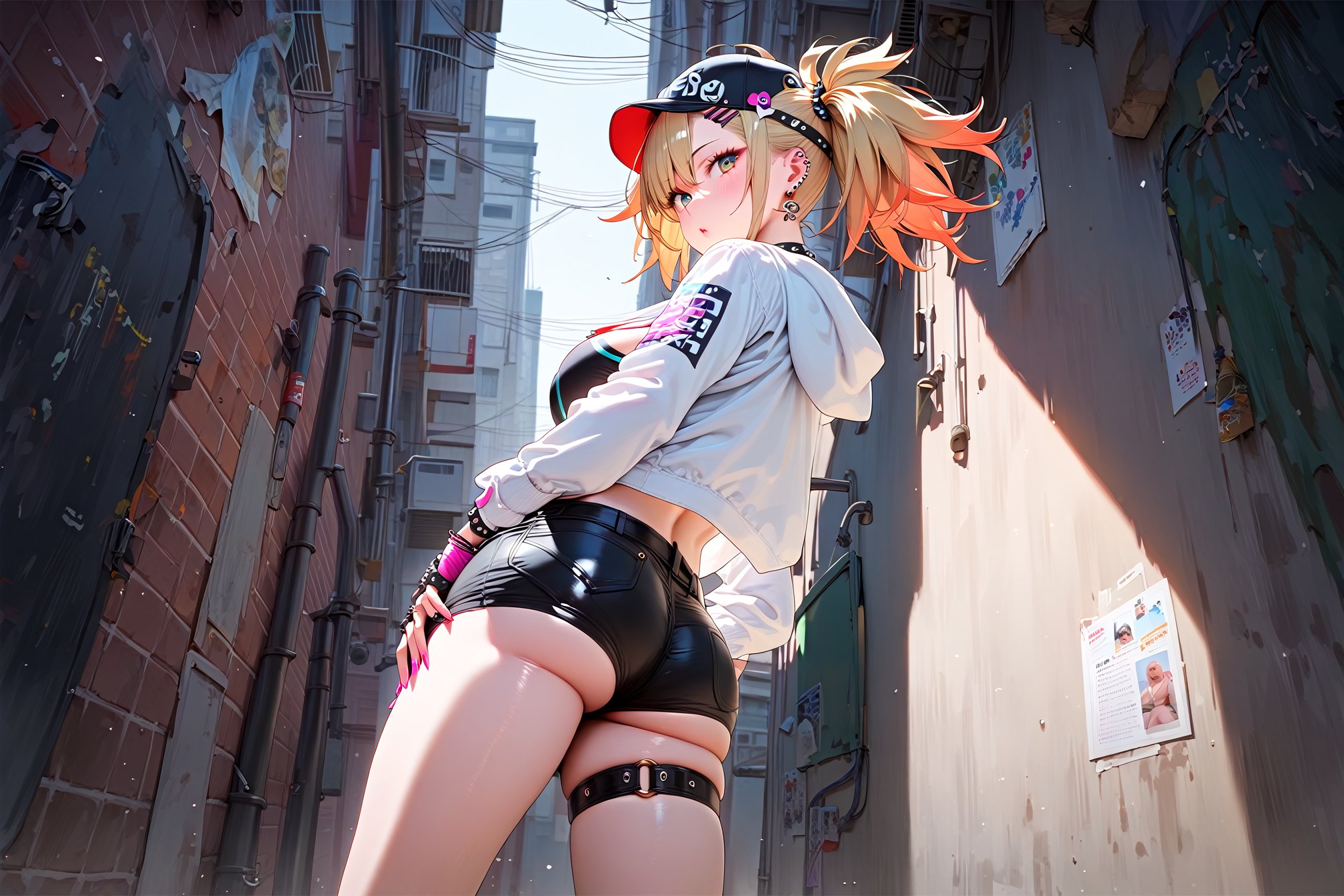 score_9,score_8_up,score_7_up,BREAKgyaru,punk_fashion,thigh_strap,jewelry,floating_hair,cap,looking_back,alley,wall_painting,