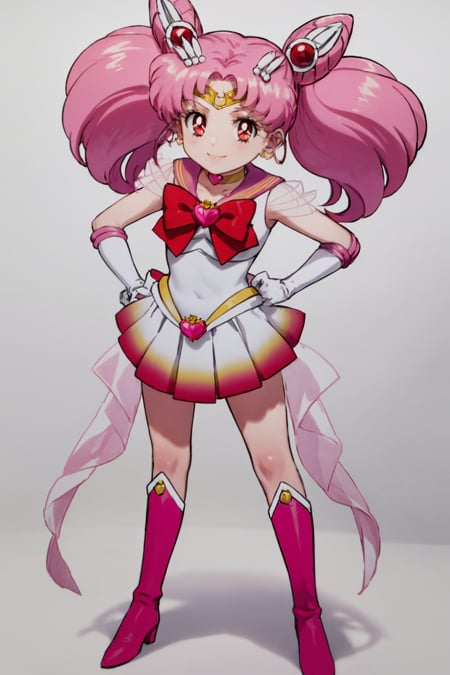 masterpiece, best quality,1girl, chibiusa, pink hair, twintails, cone hair bun, double bun,  red eyes, earrings, hair ornament, tiara, hairpin,red bow, heart brooch, back bow, bow, brooch, choker, elbow gloves, heart choker, magical girl, multicolored clothes, multicolored pleated  skirt, pink sailor collar, sailor senshi uniform, yellow choker, knee boots,smile,  full body, hands on hips, solo, looking at viewer, simple background   <lora:Chibiusa:1>