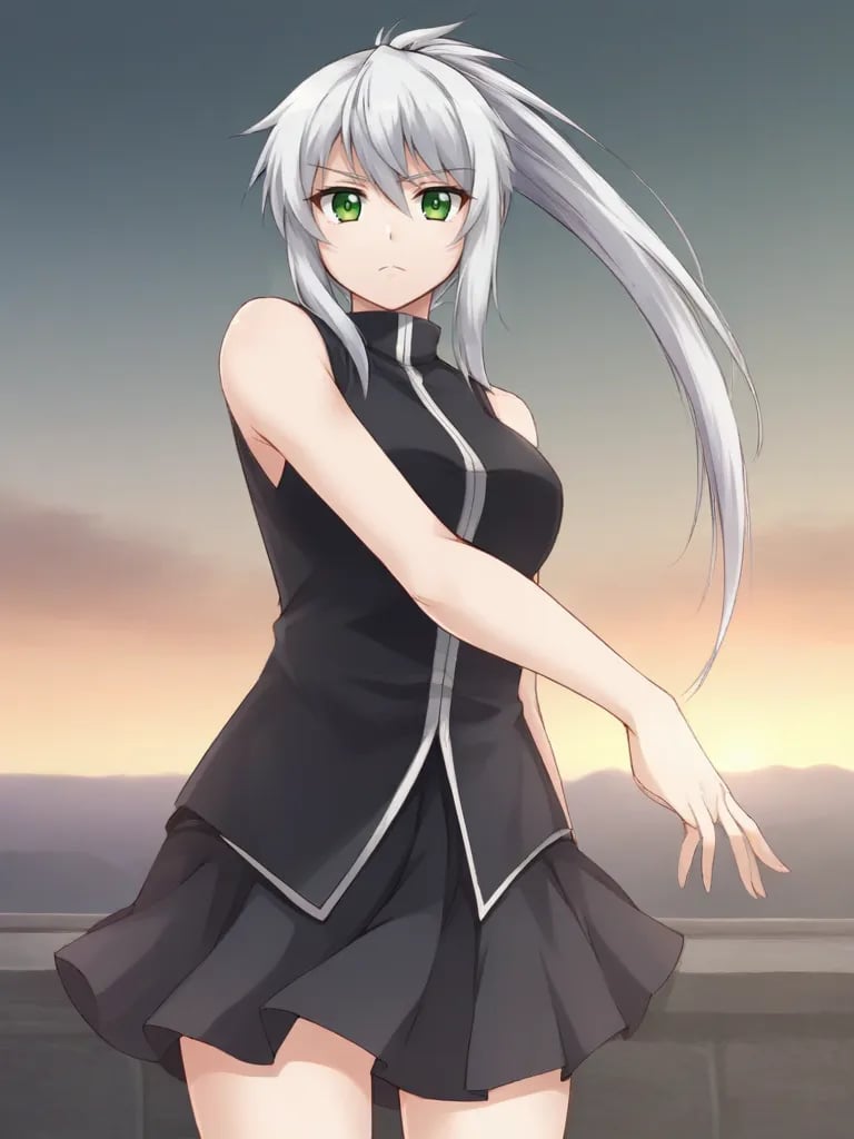 <lora:anerosecoutpony:0.8>1girl, solo, anerrolange, white hair, ponytail, green eyes, black shirt, sleeveless, black skirt, outdoors, standing, serious, looking at viewer, cowboy shot