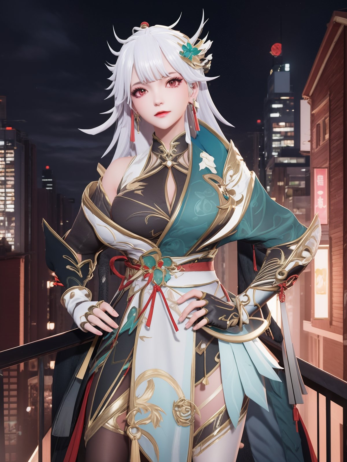 WZRYyunyingHGSX, 1girl, solo, jewelry, earrings, full body, high heels, white hair, hair ornament, gloves, looking at viewer, thighhighs, tassel, dress, asymmetrical legwear,  <lora:WZRYyunyingHGSX:0.75>,cityscape, night,hand on hip,