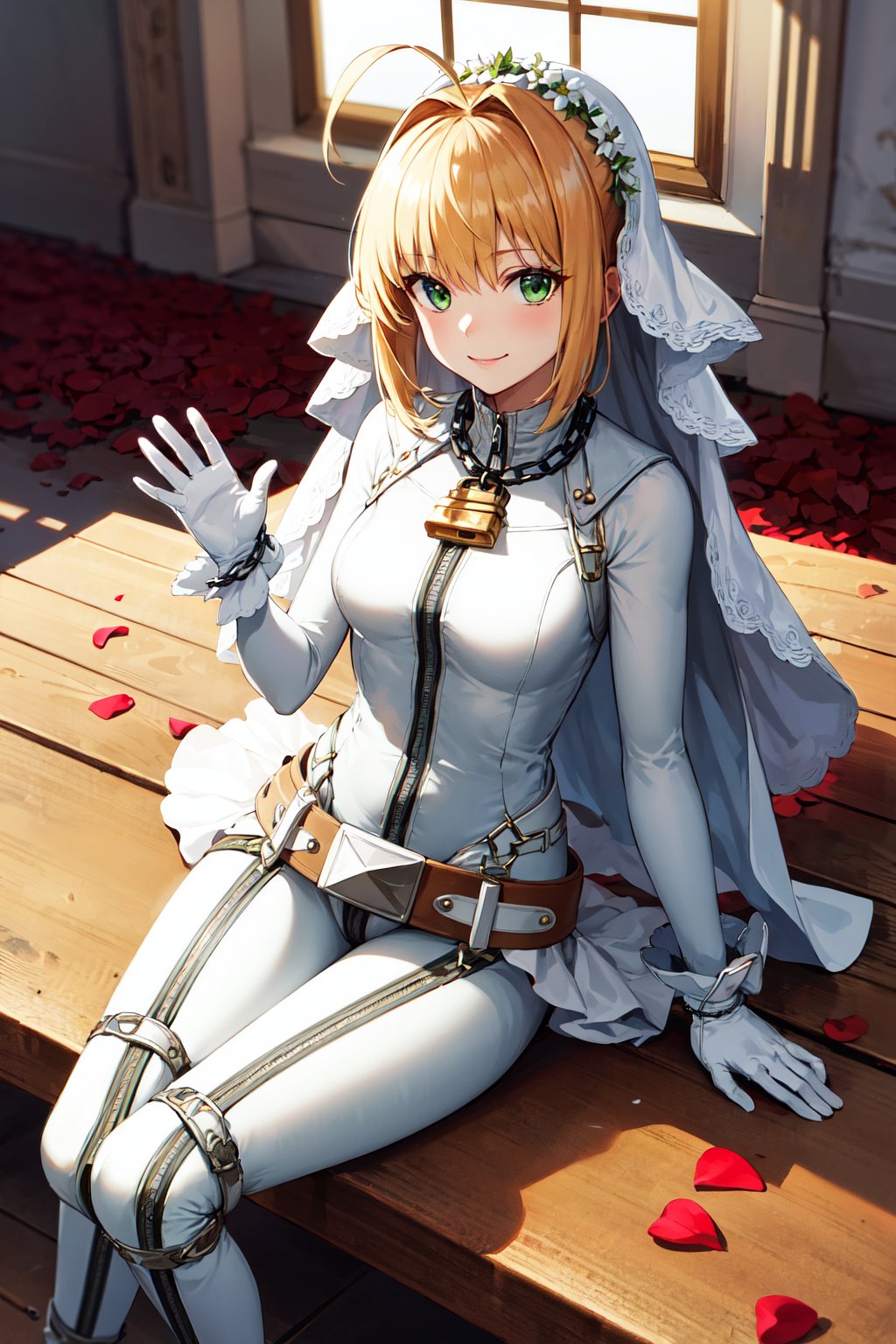 masterpiece, best quality, highres, aanero, ahoge, veil, green eyes, chain, padlock, (white bodysuit:1.2), zipper, white gloves, belt, frills, white dress, <lora:nero_claudius_(fate)_v1:0.7>, sitting, waving, bench, smile, petals, rose petals, 