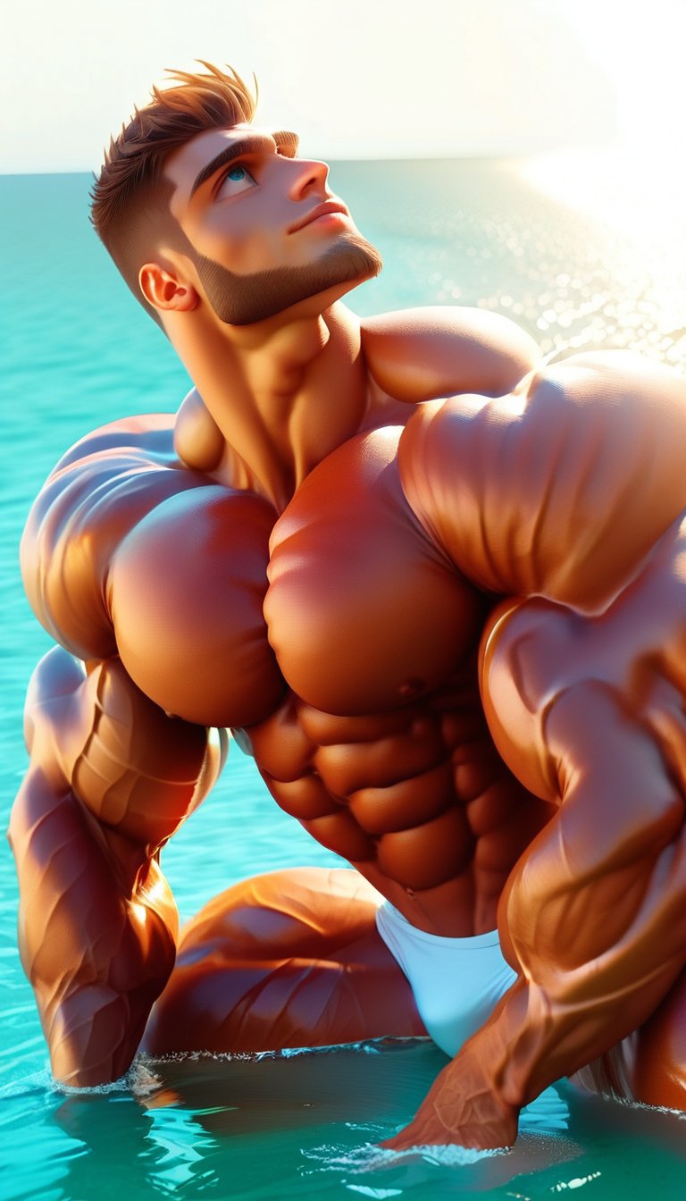 score_9, score_8_up, rating_questionable, bif, light, sunlight, sunbeam, sandy beach, glossy skin, standing the water a bodybuilder, muscular male ethan_asher short hair, facial hair , bara 20 years, looking up, kneeling, brutalmass<lora:@ethan.asher.person.ponyxl_epoch_1:0.6><lora:@brtlmss1.v2.style.ponyXL-000003:1.2>