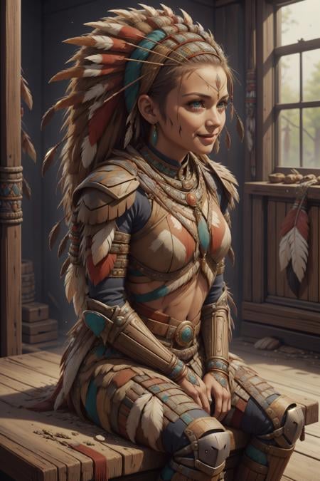 masterpiece, best quality, expressive eyes, absurdres, <lora:NativeAmericanWorld:1> nativeamericanworld, 1girl, armored dress, sitting, looking at viewer, smiling,