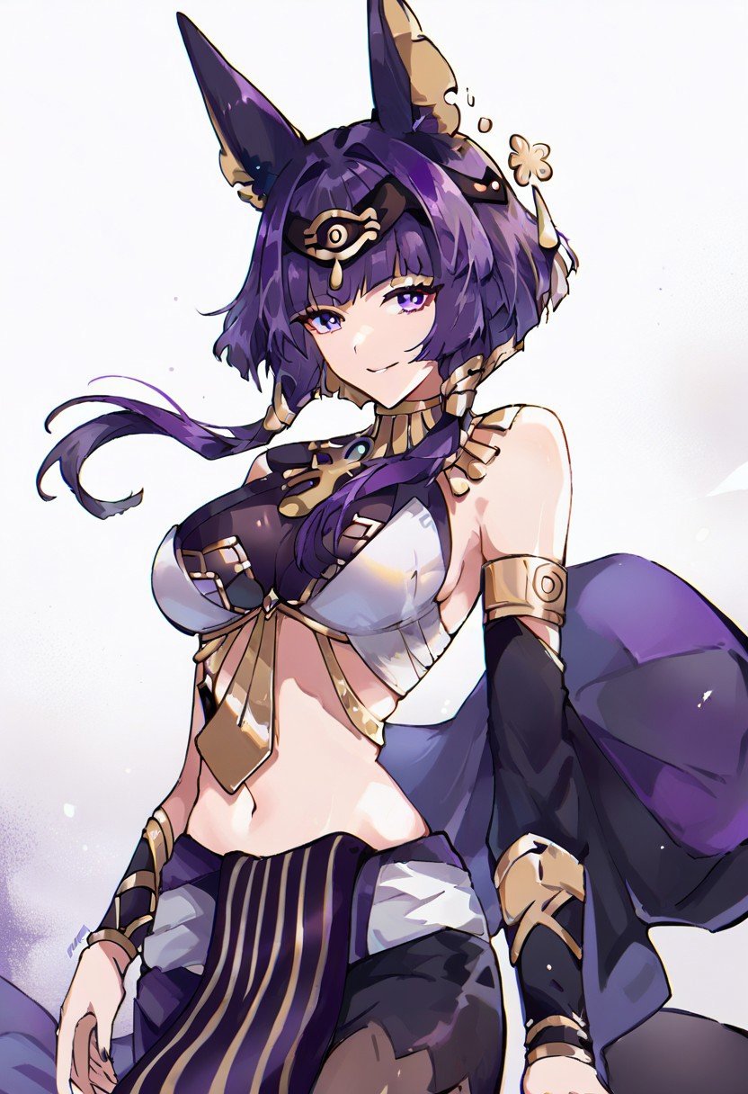 score_9, score_8, score_7, source_anime, ancient egyptian clothes, detached sleeves, animal ears, navel, smile, large breasts, black hair, short hair with long locks, purple hair, armlet, short hair