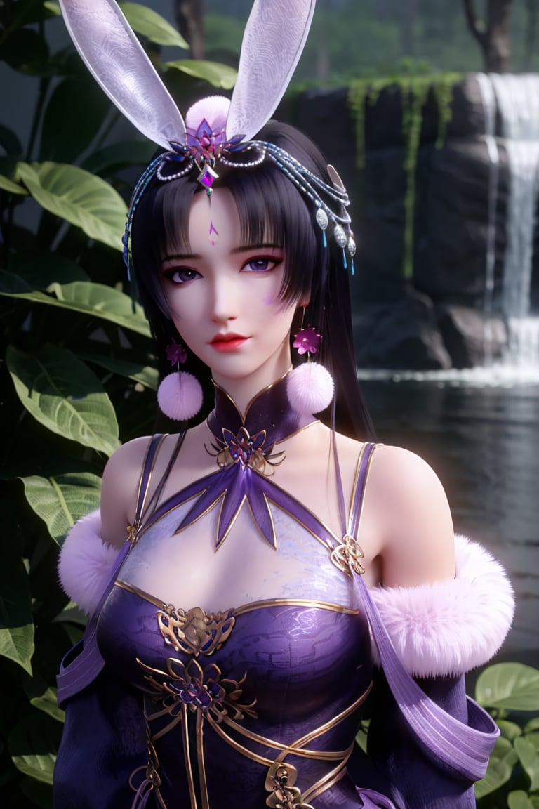 1girl, solo, long hair, breasts, looking at viewer, black hair, hair ornament, dress, animal ears, cleavage, bare shoulders, jewelry, purple eyes, earrings, water, rabbit ears, fur trim, facial mark, bug, butterfly, purple dress, forehead mark, waterfall<lora:EMS-412179-EMS:0.800000>, <lora:EMS-980-EMS:0.100000>