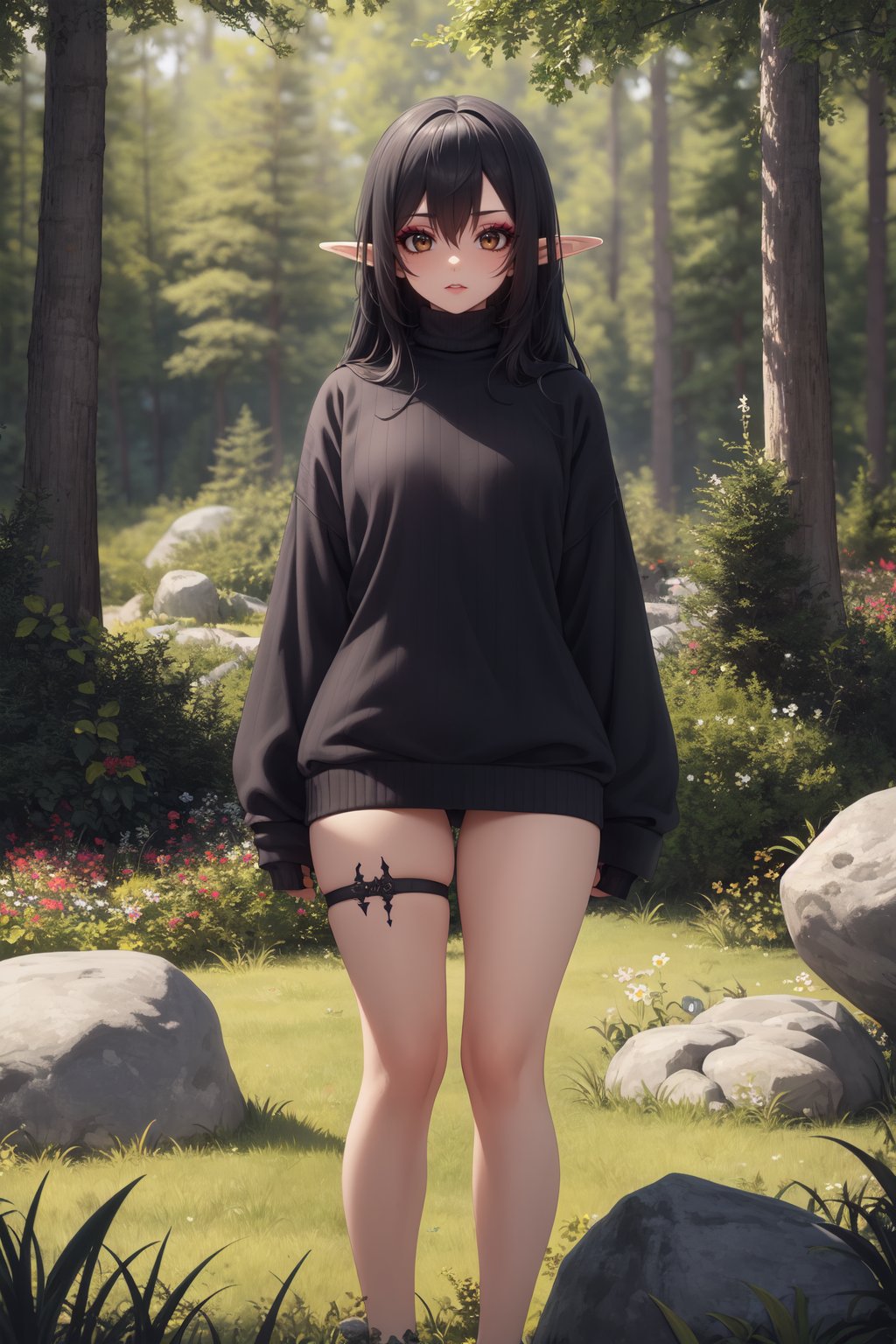 1girl, solo, elfblack hair, long hair, sidelocks,brown eyes, looking at viewer,goth, goth makeup, black eyeshadow,black sweater, ribbed sweater, long sleeves, turtleneck,thicghs, outdoors, nature, forest, grass, plants, flowers, rocks, standing,