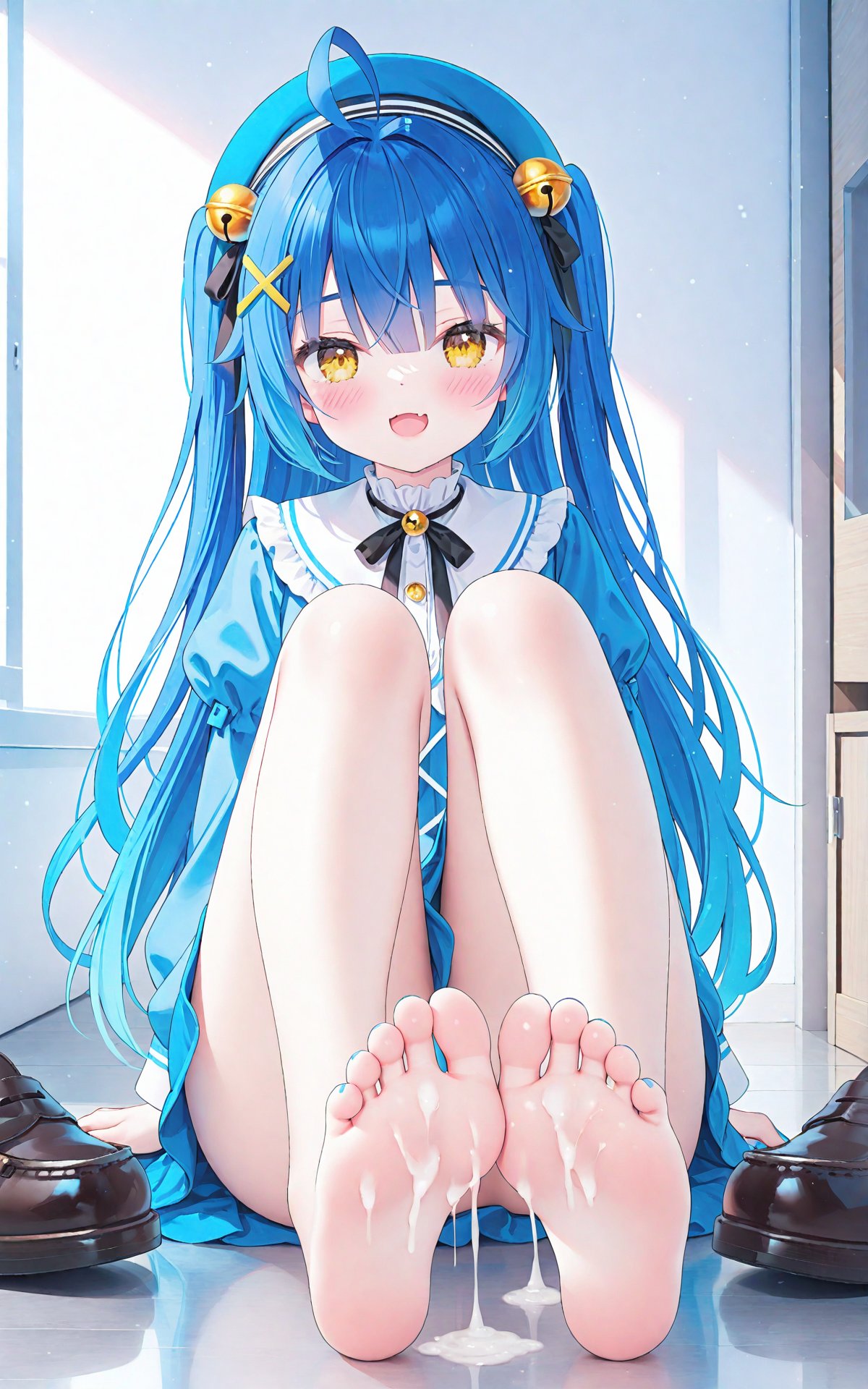 masterpiece,best quality,illustration,ultra detailed,hdr,Depth of field,(colorful),[Artist chen bin],amamiya kokoro,1girl,virtual youtuber,barefoot,toes,cum,feet,soles,cum on body,legs,solo,cum on feet,foot focus,blue hair,hair ornament,bell,knees up,yellow eyes,nail polish,long hair,two side up,shoes,blush,toenails,indoors,hair bell,blue dress,sitting,bare legs,jingle bell,puffy sleeves,looking at viewer,frills,hat,foreshortening,eyelashes,toenail polish,thighs,ahoge,dress,unworn shoes,juliet sleeves,open mouth,beret,x hair ornament,fang,long sleeves,blue headwear,blue nails,hair between eyes,gradient hair,ribbon,skin fang,sidelocks,shadow,spread toes,smile,cum on clothes,loafers,