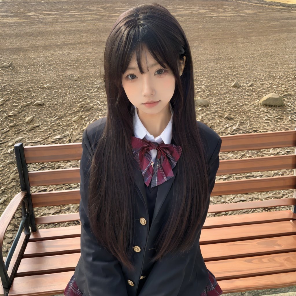 1girl,solo,school_uniform,black_hair,bow,striped,long_hair,jacket,looking_at_viewer,<lora:luoli:0.8>,