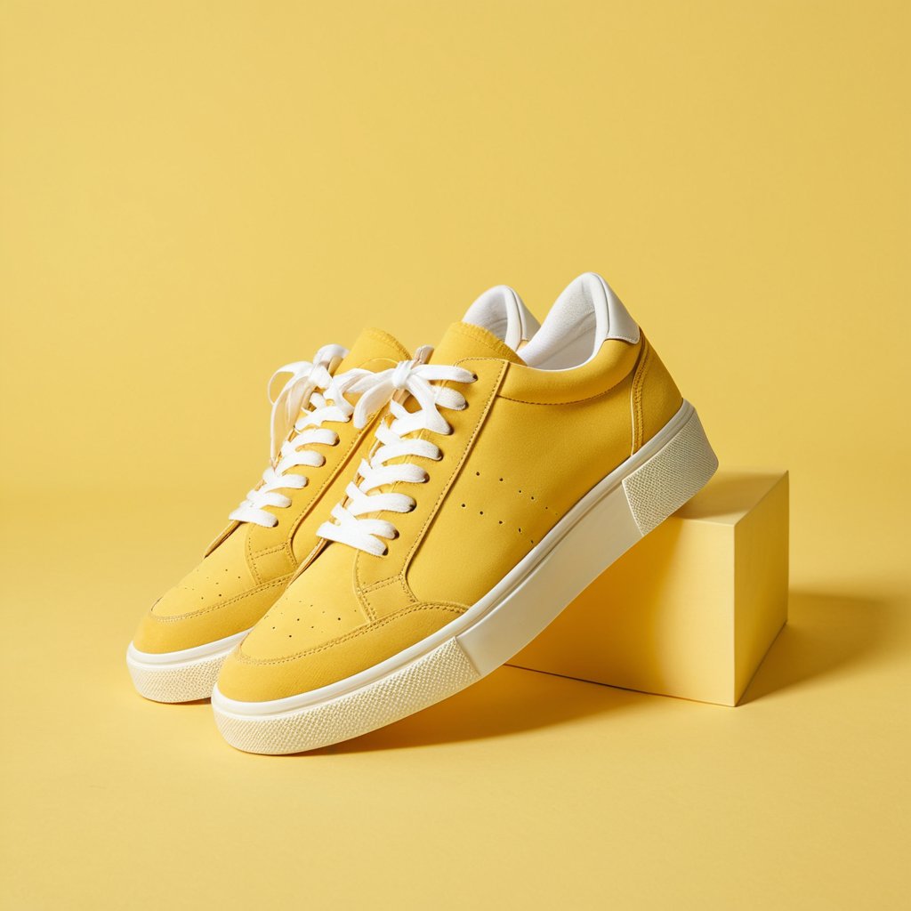 a sneaker on a soft butter yellow background,  gentle monochrome yellow styling,  warm diffused light by HanselCraft on Te...