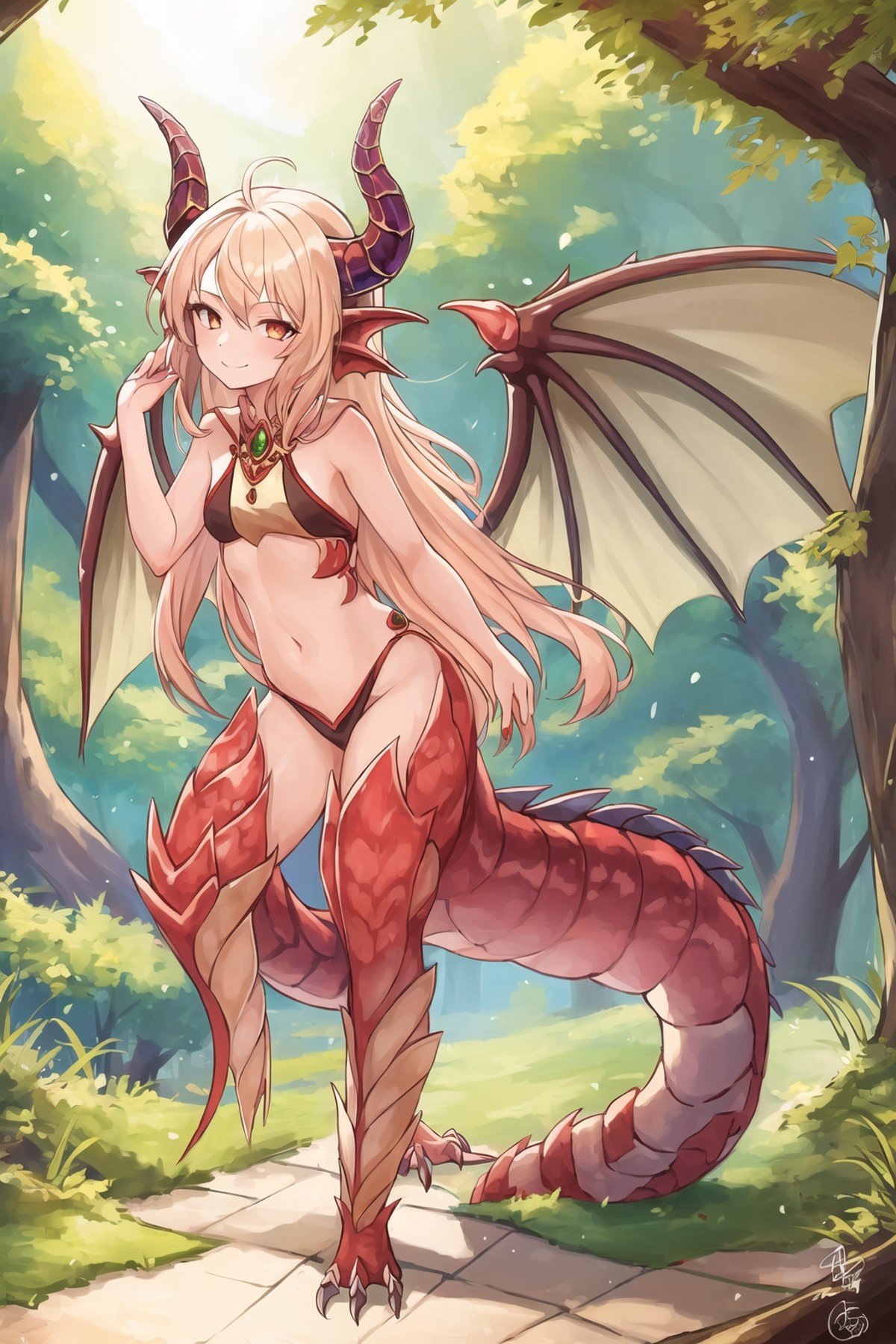 1girl,  dragon girl, scales, dragon horns, dragon tail, dragon wings, full body, smile, masterpiece, best quality, masterpiece,