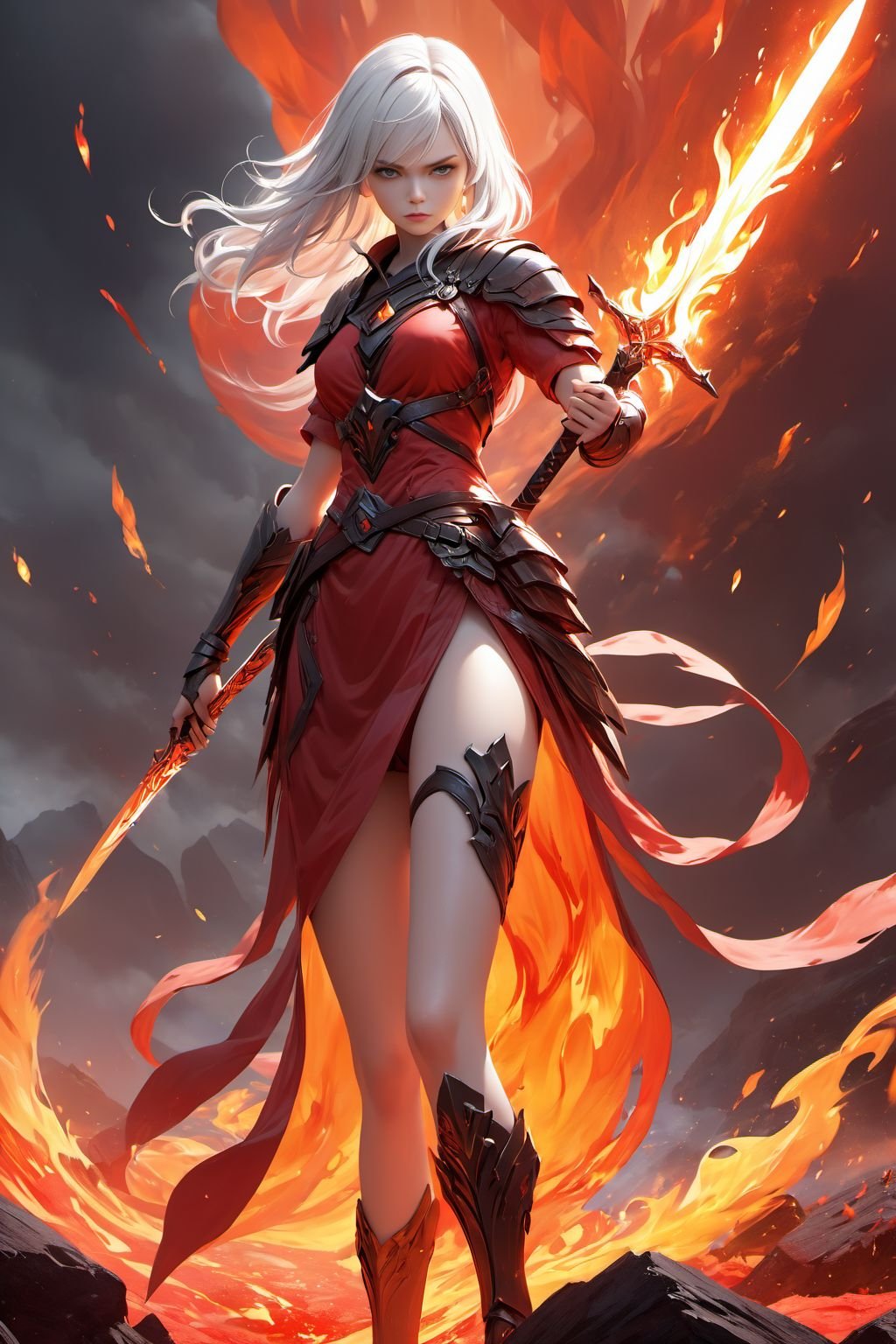 best quality,masterpiece,realistic,Highly detailed,ultra-fine painting,extreme detail description,Vivid Colors,huge_filesize,wallpaper,official art,extremely detailed CG unity 8k wallpaper,absurdres,1girl,solo,red clothes,white hair,red long knife,red background,magma,flame,battlefield,dazzling cool,Turning,standing,