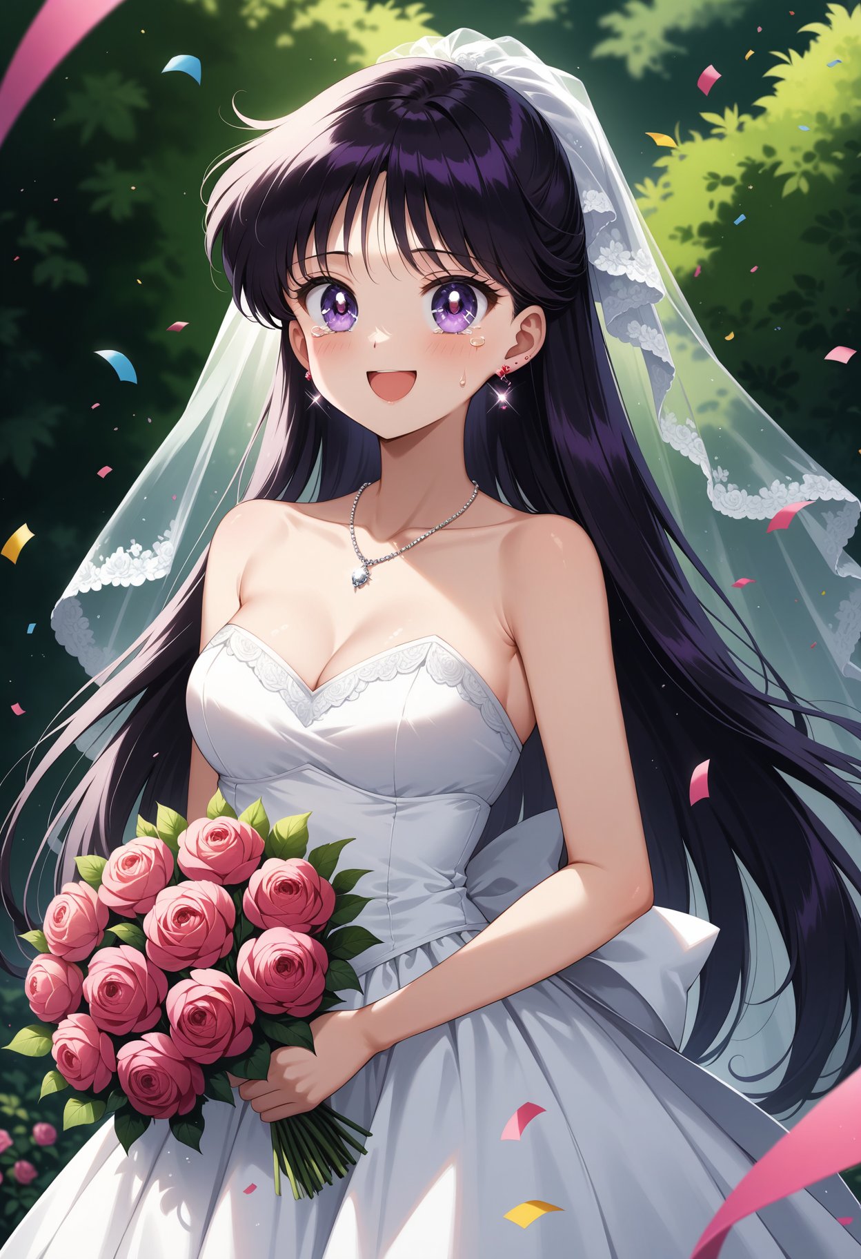 (masterpiece, best quality, very aesthetic, ultra detailed), intricate details, 4k, aamars, long hair, black hair, earrings, <lora:sailor_mars_animaginexl_v1:0.9>, wedding dress, white dress, strapless, necklace, garden, confetti, smile, open mouth, tearing up, cowboy shot, standing, holding bouquet, bridal veil