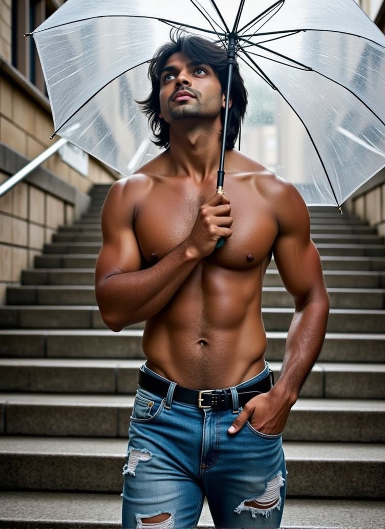 Neeraj Chopra ,  stands on a large stone staircase,  the rainwater cascading on the steps. He holds a transparent umbrella...