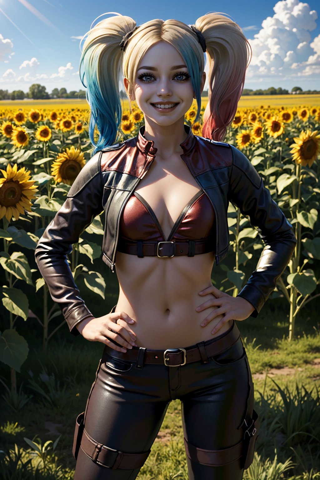 ((ultra detailed, masterpiece, absurdres)) <lora:I2HQuinn:0.8>I2HQuinn, 1girl, twintails, multicolored hair, blonde hair, blue eyes, smile, surrounded by sunflowers in a bright field, smiling, with hands on hips