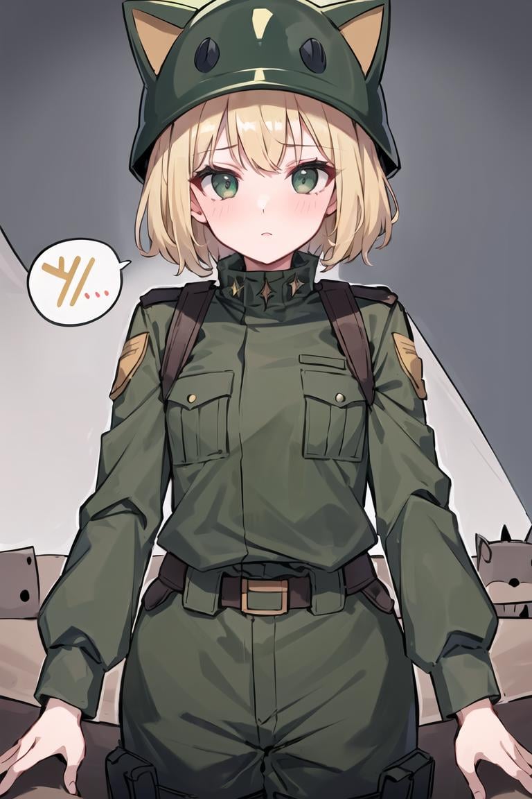 best quality, (masterpiece), Ultra-detailed, 1girl, (military green helmet), (cat costume helmet:1.3), military green jacket, green helmet, (POV:1.2), in front of military tent, short hair, (blonde hair), cowboy shot, short military pants, dynamic pose, small breast, spoken mark