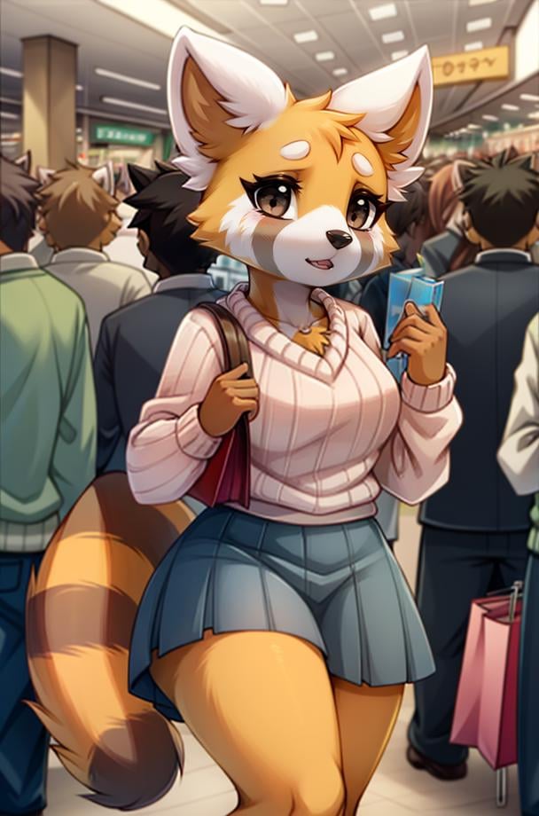 1girl, RetsukoCzar, (two-toned fur, orange fur, black eyes, whiskers, animal ears, racoon tail, striped tail, snout), (skirt, sweater, purse, shopping bags), (interior, shopping center, signs, sale signs, clothing, crowd, crowded, mannequin), (masterpiece:1.2), hires, ultra-high resolution, 8K, high quality, (sharp focus:1.2), clean, crisp, cinematic, <lora:Retsuko-20:1>