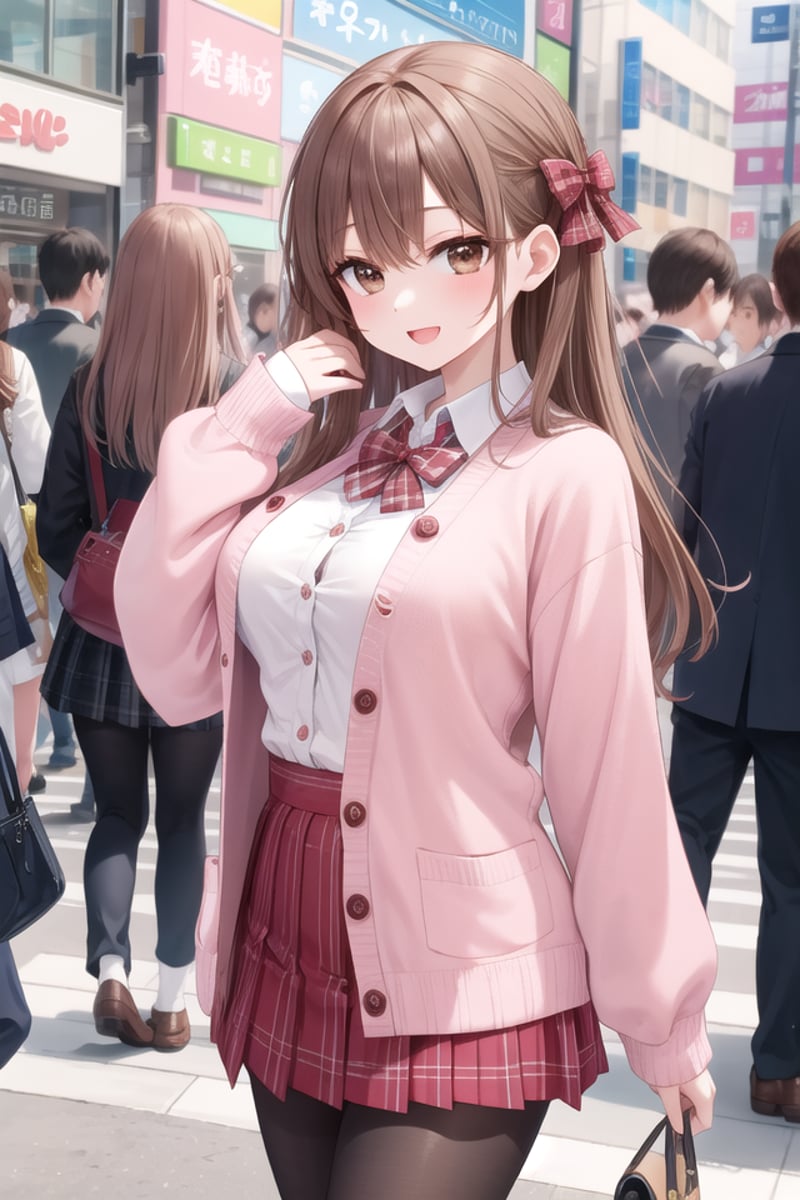 insanely detailed, absurdres, ultra-highres, ultra-detailed, best quality,1girl, solo, nice hands, perfect handsBREAK(School Uniforms:1.2), (pink cardigan is fit body:1.4), ((do up a buttons, not loose):1.5), ((long sleeve, sleeves past wrists):1.2), (inner wear is white collared-shirt:1.3), (red plaid-pattern bow:1.3), (red plaid-pattern pleated skirt:1.3), ((dark-brown pantyhose, loafers):1.2)BREAKhappy smile, laugh, open mouth, standing,from side,cute pose, cowboy shotBREAKslender, kawaii, perfect symmetrical face, ultra cute girl, ultra cute face, ultra detailed eyes, ultra detailed hair, ultra cute, ultra beautifulBREAKin harajuku, shibuya, tokyo, street, crowd, cityscapeBREAKmedium large breasts,(brown hair, brown eyes), hime cut