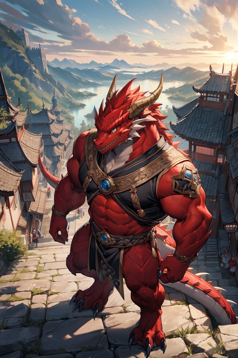 from font body,best quality,(masterpiece,ultra detailed 8k art),dragon,(fantasy,royalty),horns,handsome, golden eyes, looks at the viewer,noble costumes,1 dragon tail,Shiny scales, dignity,(anthro:1.5),(red body,dragon king male:1.25),best hands,China, from above, castle town,crowd, dawn,valley,Huge body