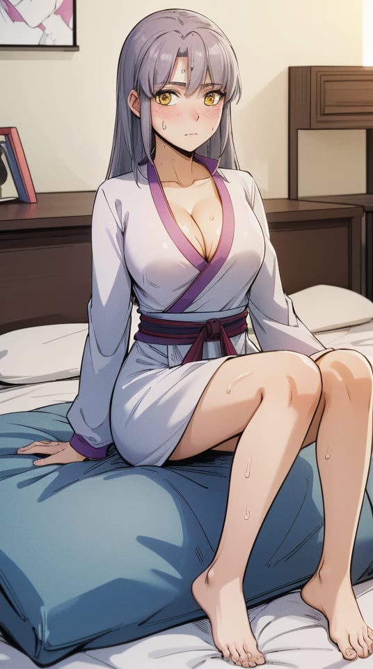 (masterpiece, best quality),ray tracing,absurdres,HDR,Zhao Haitang, 1girl, solo, yellow eyes, closed mouth, sitting, pillow, blush, long hair, cleavage, sweat, grey hair, medium breasts, chinese clothes, bed, indoors, on bed, blanket, tissue box,looking at viewer,bare legs,barefoot,<lora:Zhao Haitang:0.8>