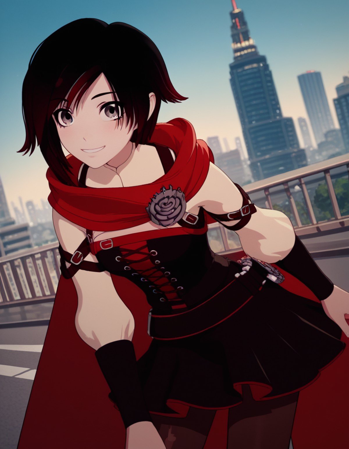 score_9, score_8_up, score_7_up, source_anime, <lora:ruby-rose-ponyxl-lora-nochekaiser:1>, ruby rose, short hair, black hair, red hair, grey eyes,, dress, pantyhose, cape, corset, belt,, cityscape, street, bent over, smile, looking at viewer, solo, cowboy shot, dutch angle