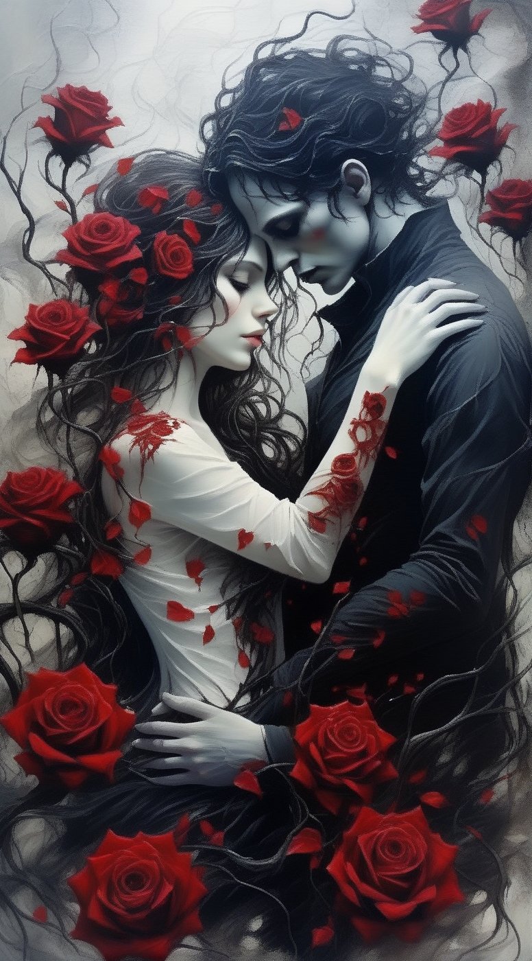 linquivera wyrmterro beautiful girl and man in love in a dark garden surrounded by crismon roses, separate on white background<lora:wyrmterro:0.7>  <lora:linquivera:1>