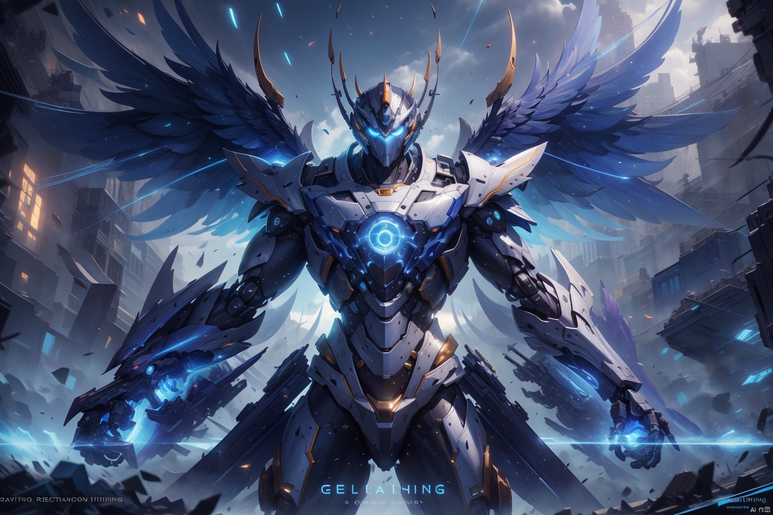 a blue mecha,  glowing blue eyes,  blue pistol by Sec银河 on Tensor.Art