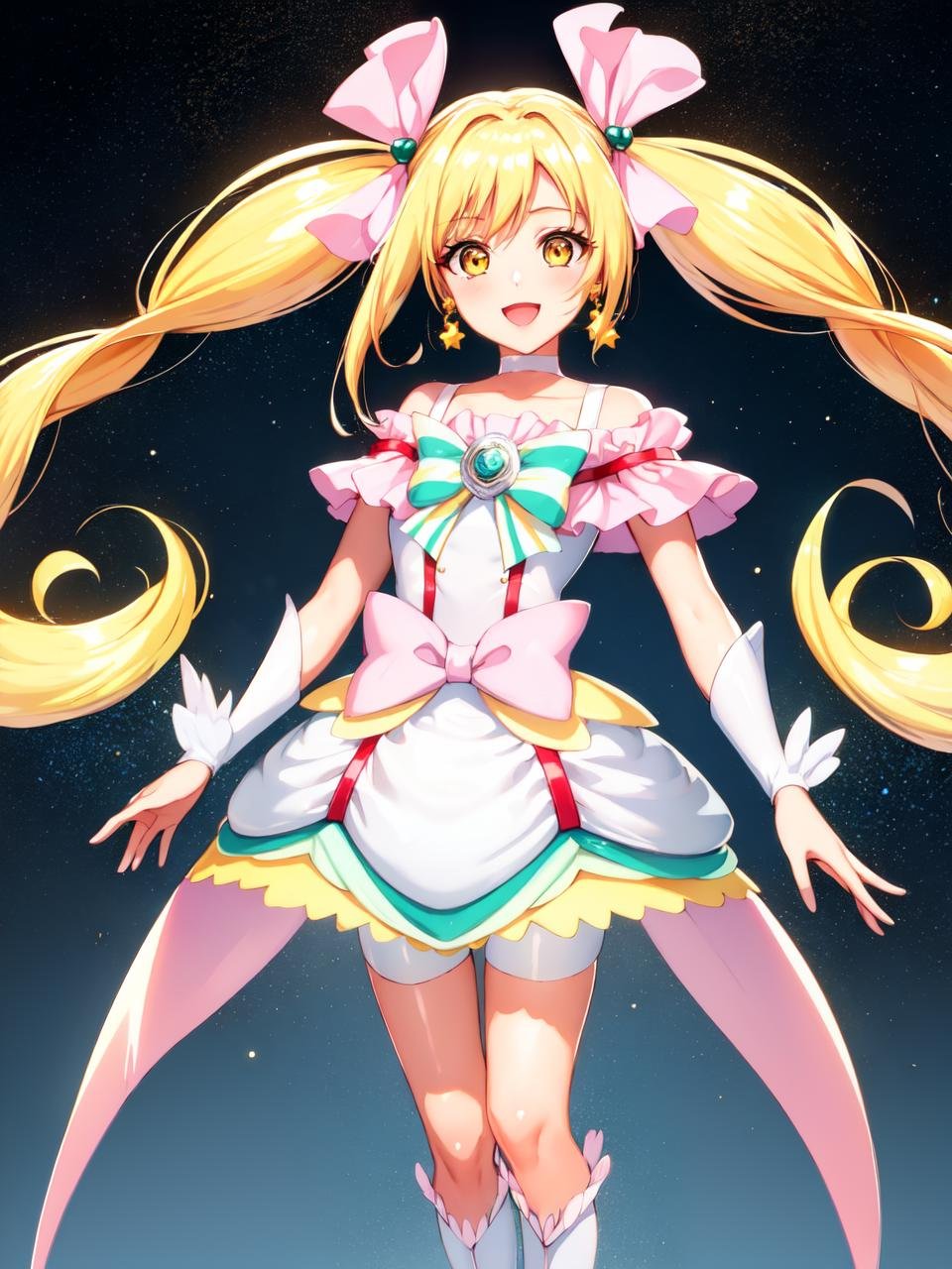 masterpiece, best quality, looking at viewer, depth of field, standing, open mouth, full body, 1girl, <lora:locon_cure_echo_01:0.95>, cure echo, blonde hair, twintails, hair ribbon, knee boots, earrings, arm warmers, brooch, choker, yellow eyes, shorts under skirt, white shorts, smile, ((gradient background)), lens flare,