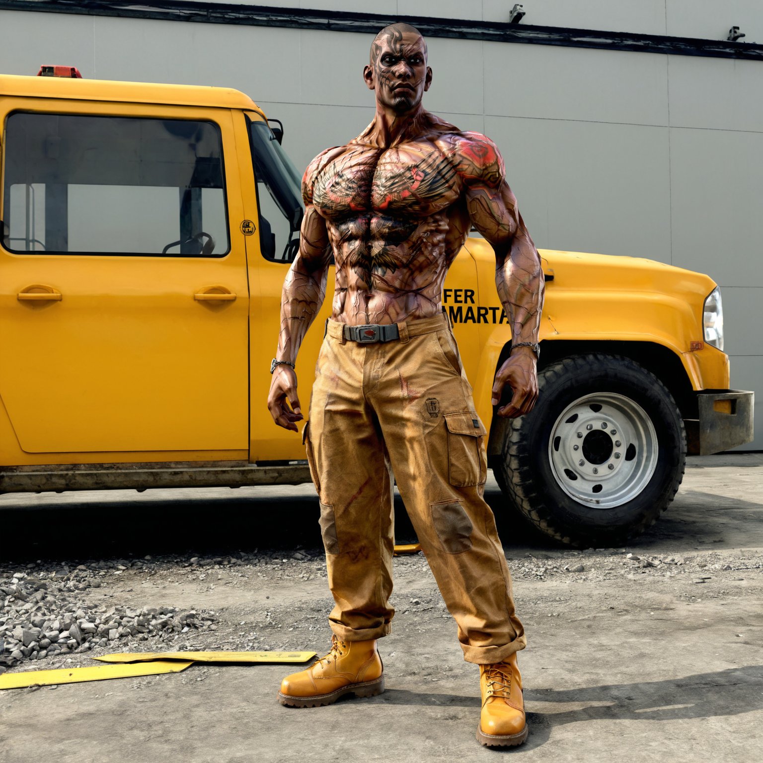 anatomically correct, solo, fahkumramsd, scar, tattoo, very dark skin, dark-skinned male, muscular, bodybuilder, zPDXLxxx, <lora:Fahkumram-T5kagALM:1>