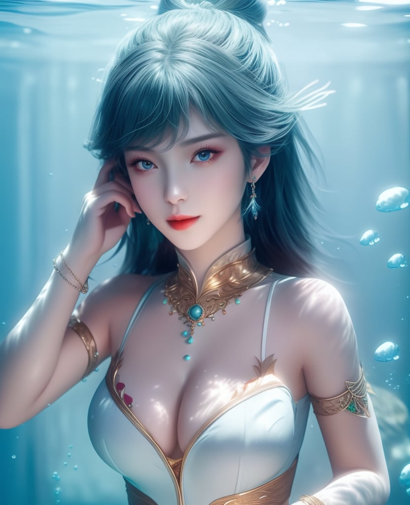 <lora:斗罗大陆-唐舞桐-海神缘:0.8> (,1girl, ,best quality, ),looking at viewer,masterpiece, ((((, solo,  , ,solo focus, ,underwater, )))) ,ultra realistic 8k cg,   clean, masterpiece,     cinematic lighting, cinematic bloom,  (( , )),, , unreal, science fiction, luxury, jewelry, diamond, gold, pearl, gem, sapphire, ruby, emerald, intricate detail, delicate pattern, charming, alluring, seductive, erotic, enchanting, hair ornament, necklace, earrings, bracelet, armlet,,(cleavage),