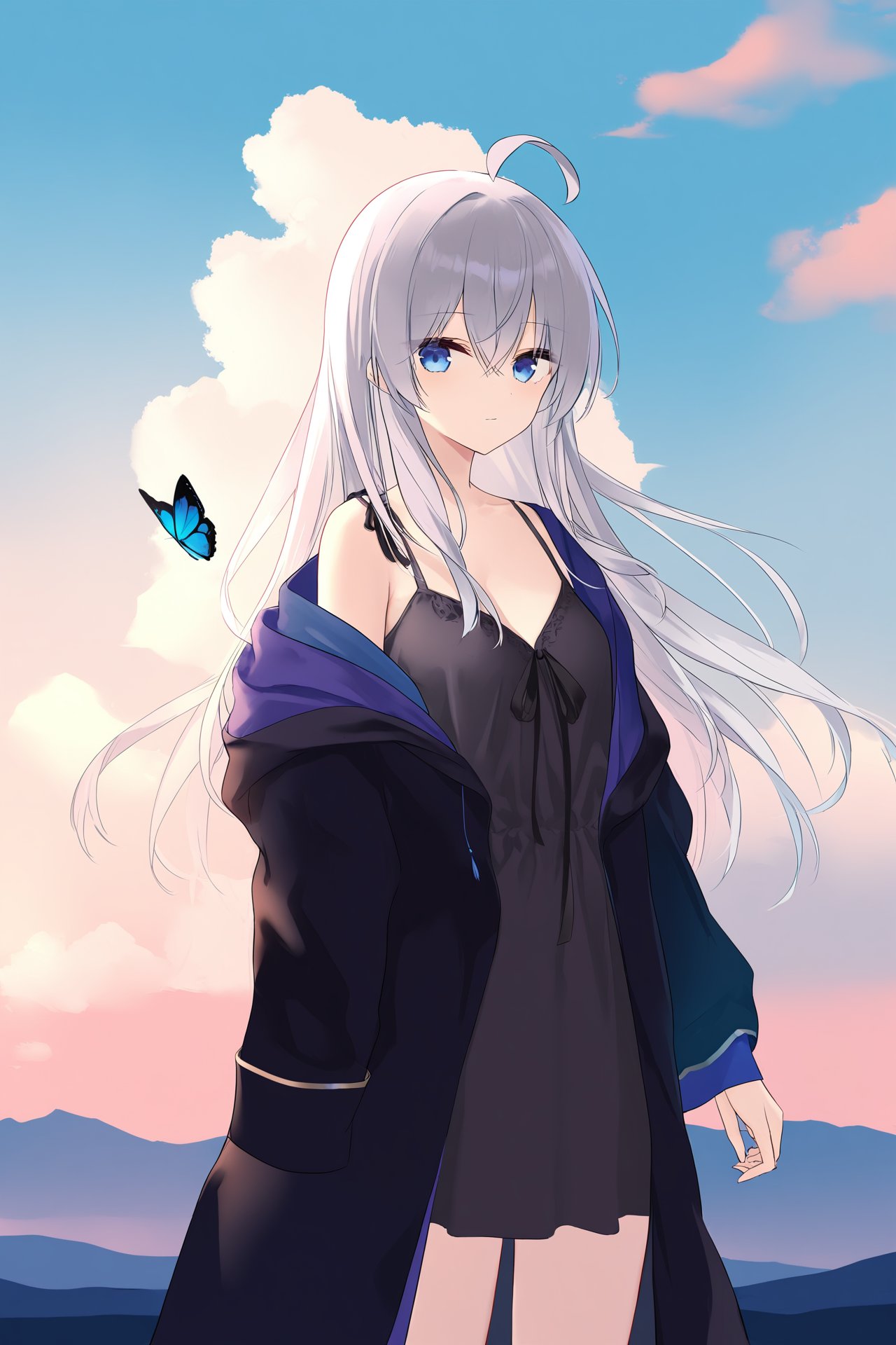 masterpiece,best quality,illustration,ultra detailed,hdr,Depth of field,(colorful),Artist azuuru, [[[Artist wlop]]],[Artist chen bin],[Artist omone hokoma agm],elaina \(majo no tabitabi\), solo, 1girl, ahoge, outdoors, long hair, sky, cloud, hair between eyes, long sleeves, looking at viewer, butterfly, shirt, grey hair, black robe, bug, standing, dress, robe, off shoulder, open clothes, blue eyes, day, closed mouth, blue sky