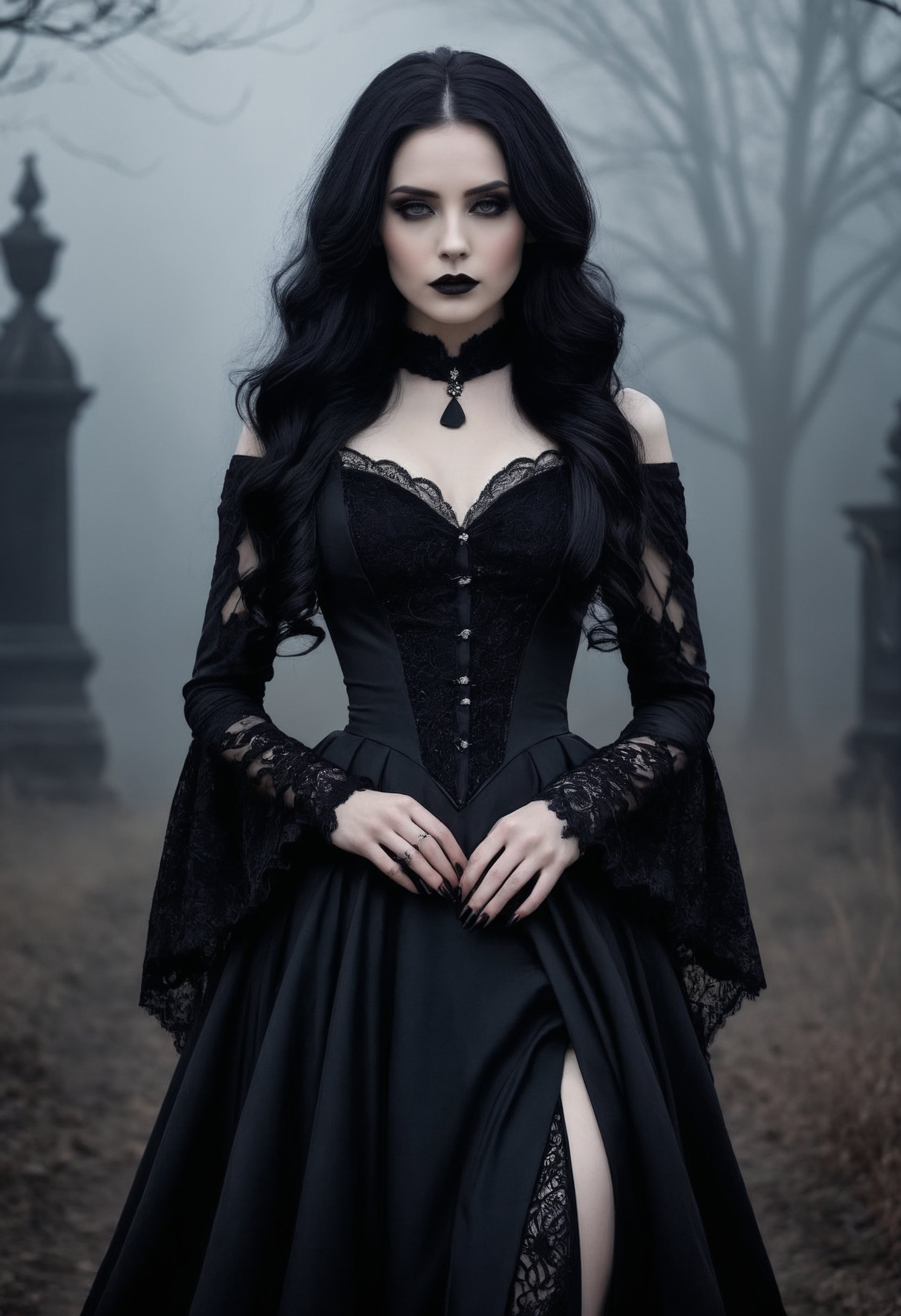 1girl, gothic beauty, long flowing black hair, elegant black Victorian-style dress, dark smokey eye makeup, deep black lipstick, pale skin, haunting gaze, dramatic pose, cinematic lighting, misty background, high contrast, moody atmosphere, ultra-detailed, 8k resolution,