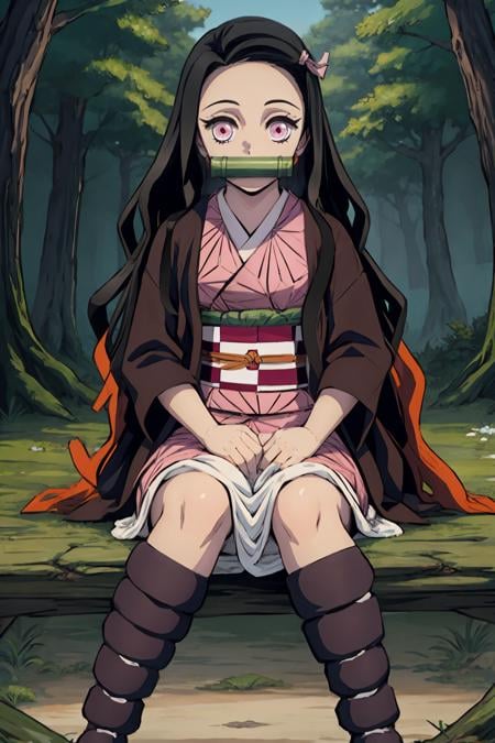 masterpiece, best quality, 1girl, <lora:Nezuko Kamado-000008:0.9>normalnezuko, multicolored hair, pink kimono, bit gag, checkered sash, looking at viewer, sitting, in forest, perfect light, hands away, <lora:more_details:0.3>