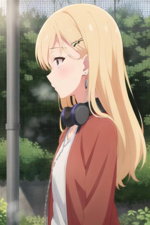 (masterpiece),ayase saki, blonde hair, long hair, purple eyes, 1girl, solo, jacket, profile, red jacket, from side, fence, earphones, upper body, chain-link fence, rain