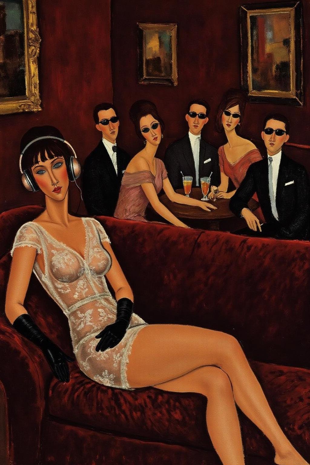 amedeomodigliani1 painting. A luxurious,  dimly lit lounge set in 1970s Italy,  exuding vintage charm and opulence. A styl...